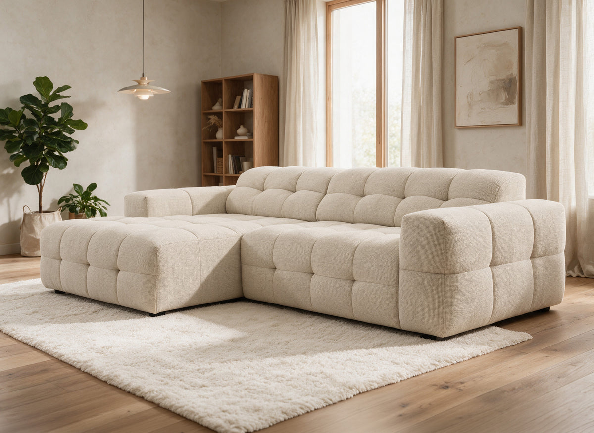 Entspanntes Ecksofa aus beigem strukturiertem Samt FEDORA – Linke Ecke