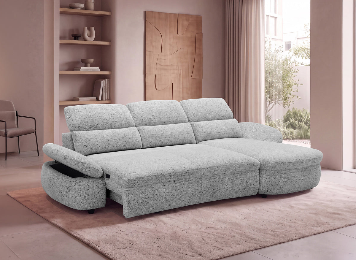 Elektrisches Relax-Ecksofa aus grauem Frotteestoff CLEMENT – rechtwinklig
