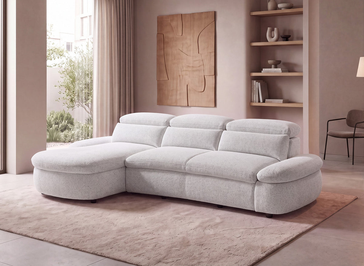 Elektrisches Relax-Ecksofa aus beigem Frotteestoff CLEMENT – Linke Ecke
