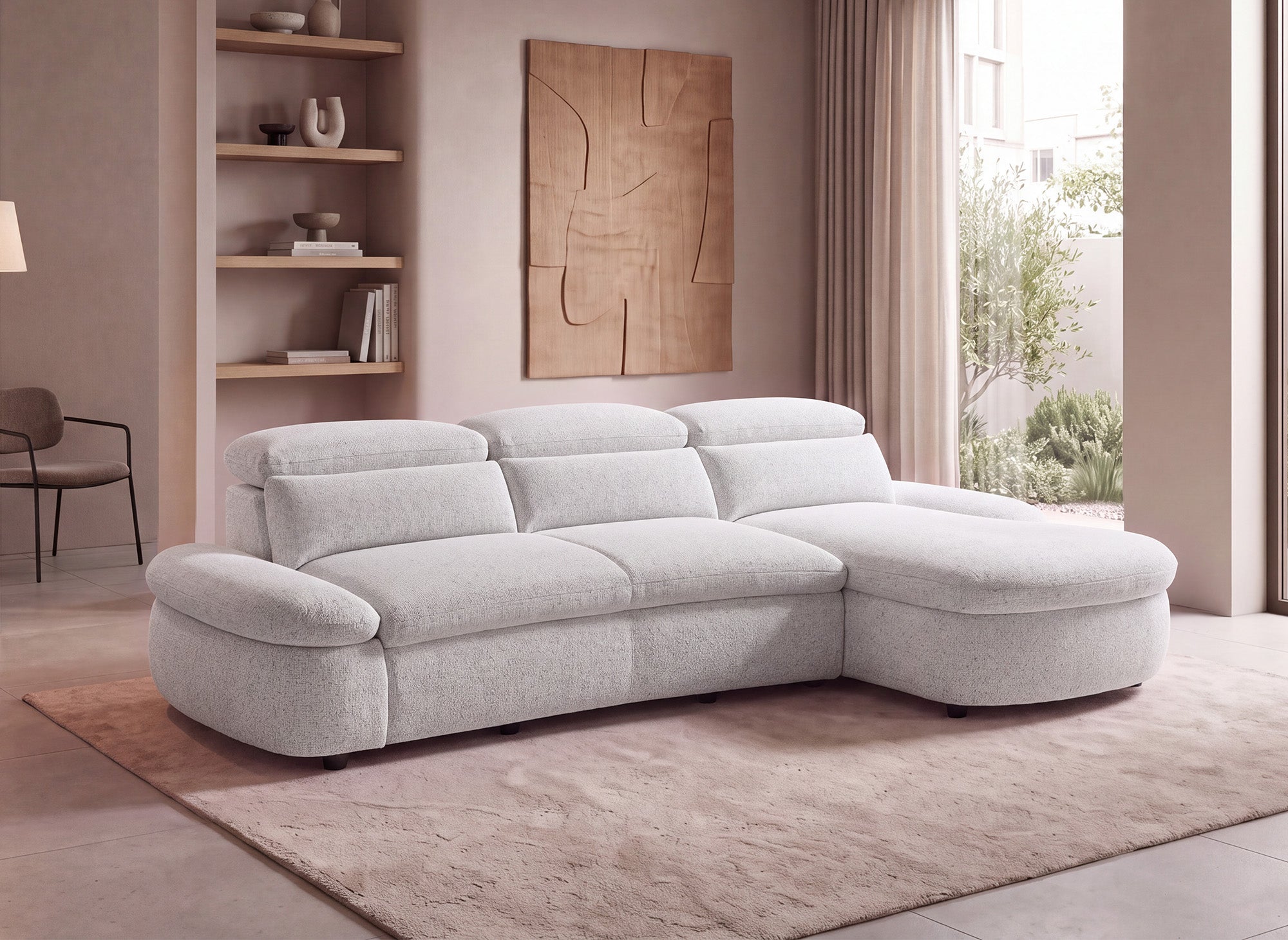 Elektrisches Relax-Ecksofa aus beigem Frotteestoff CLEMENT – rechtwinklig