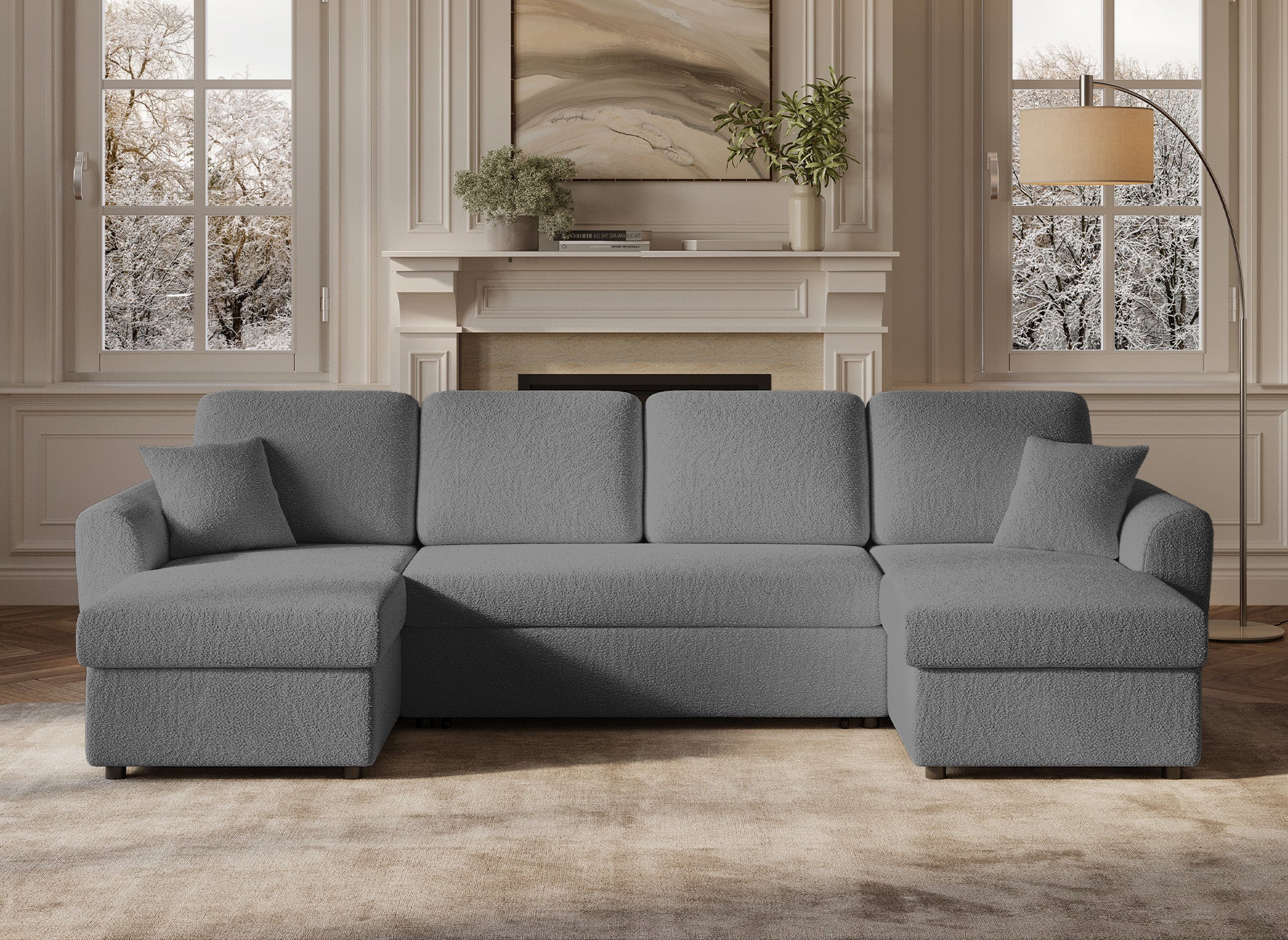 ADRYEN Panorama-Sofa mit 2 Aufbewahrungsboxen aus grauem Frotteestoff