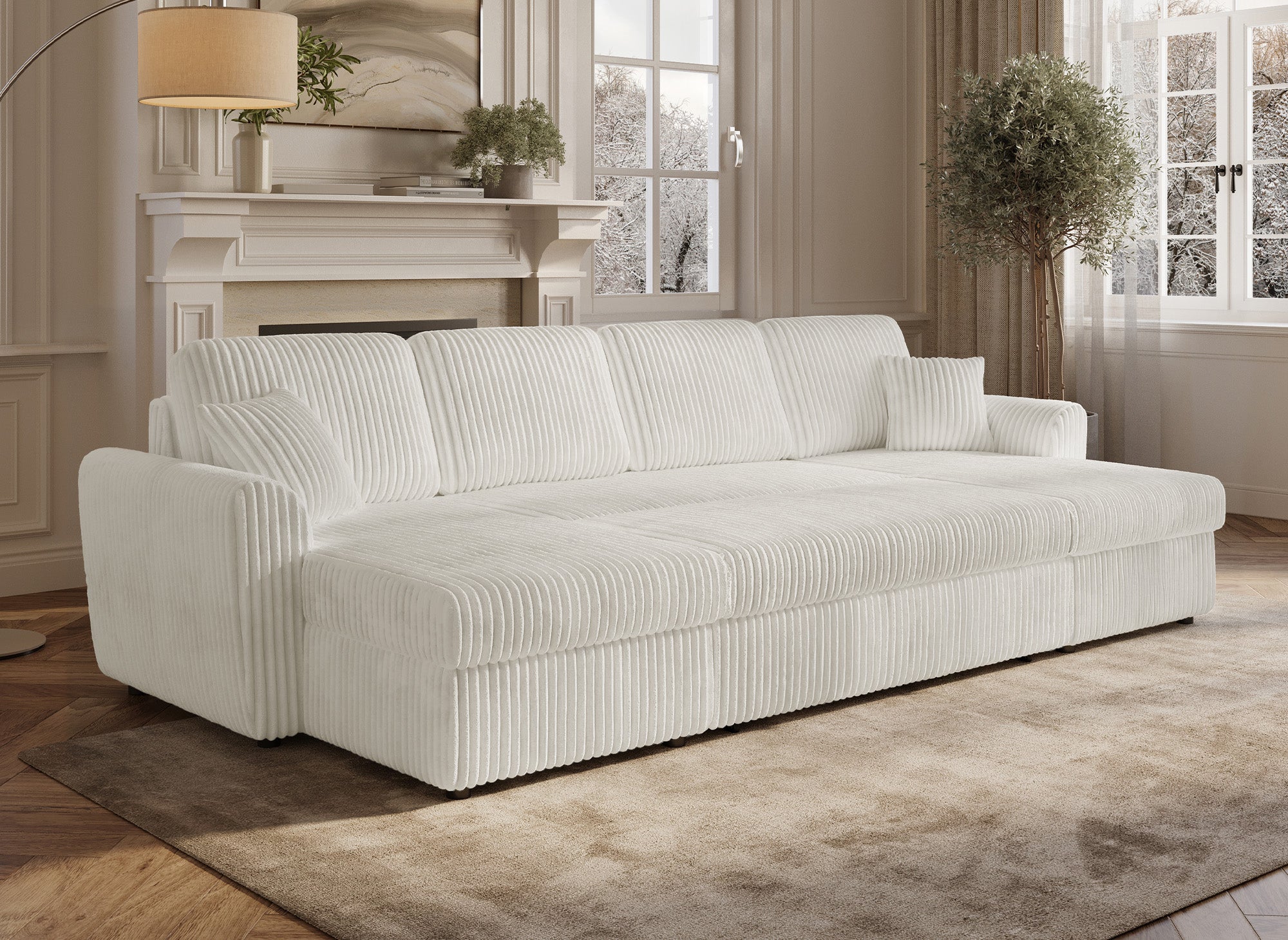 ADRYEN Panorama-Schlafsofa mit Staufächern aus dickem beigefarbenem Cord