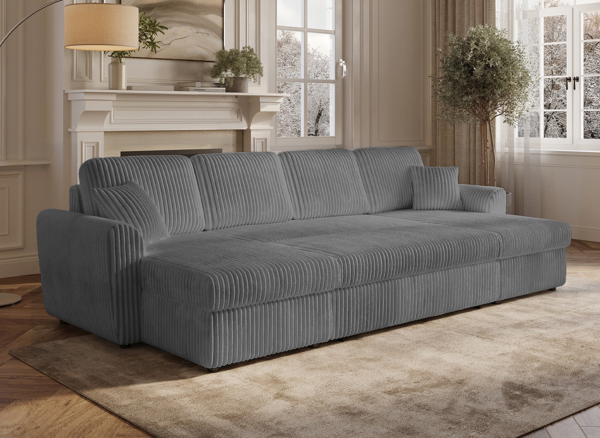 ADRYEN Panorama-Schlafsofa mit Staufächern aus dickem grauem Cord