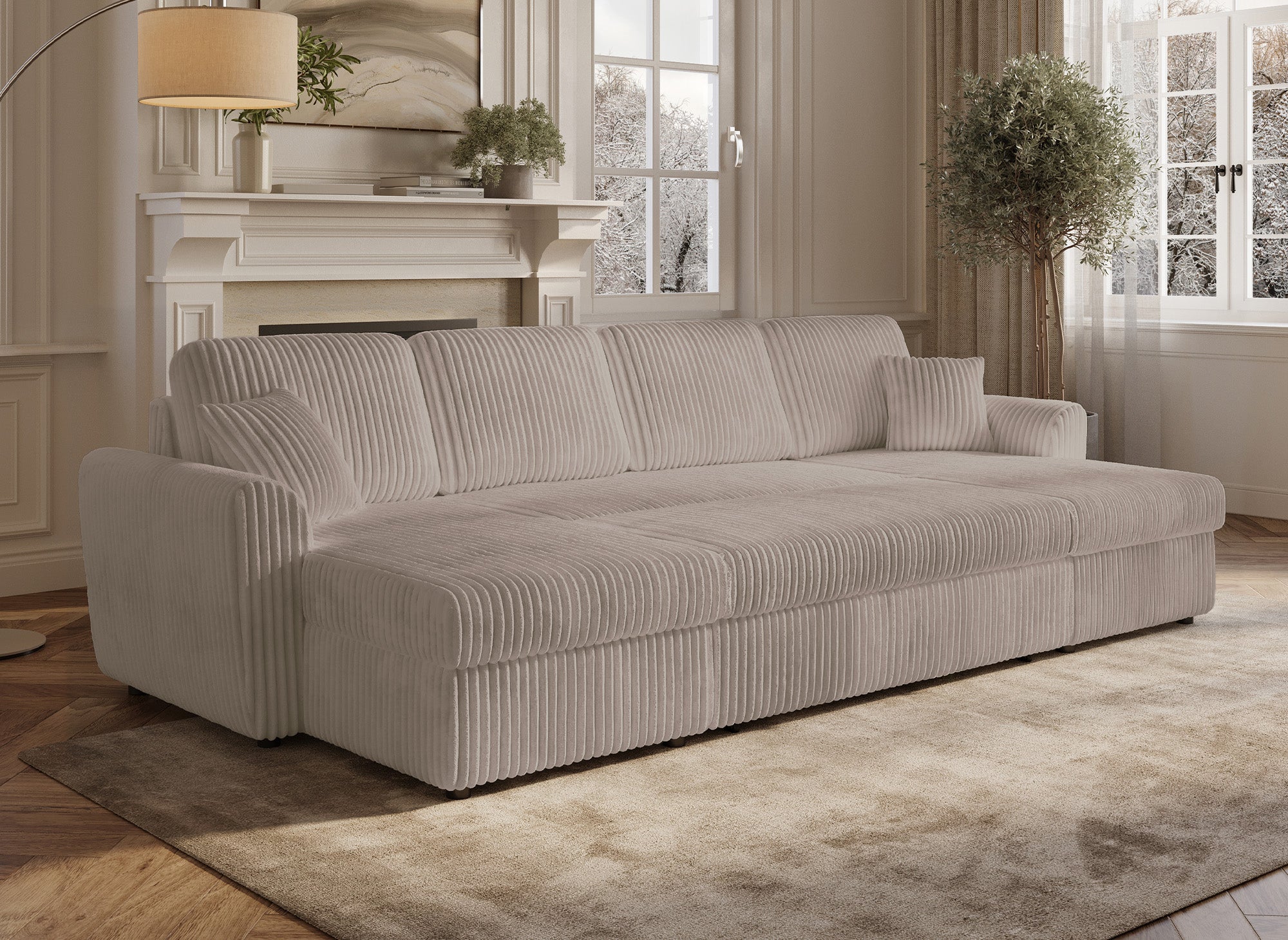 ADRYEN Panorama-Schlafsofa mit Stauraum in dickem taupefarbenem Cord