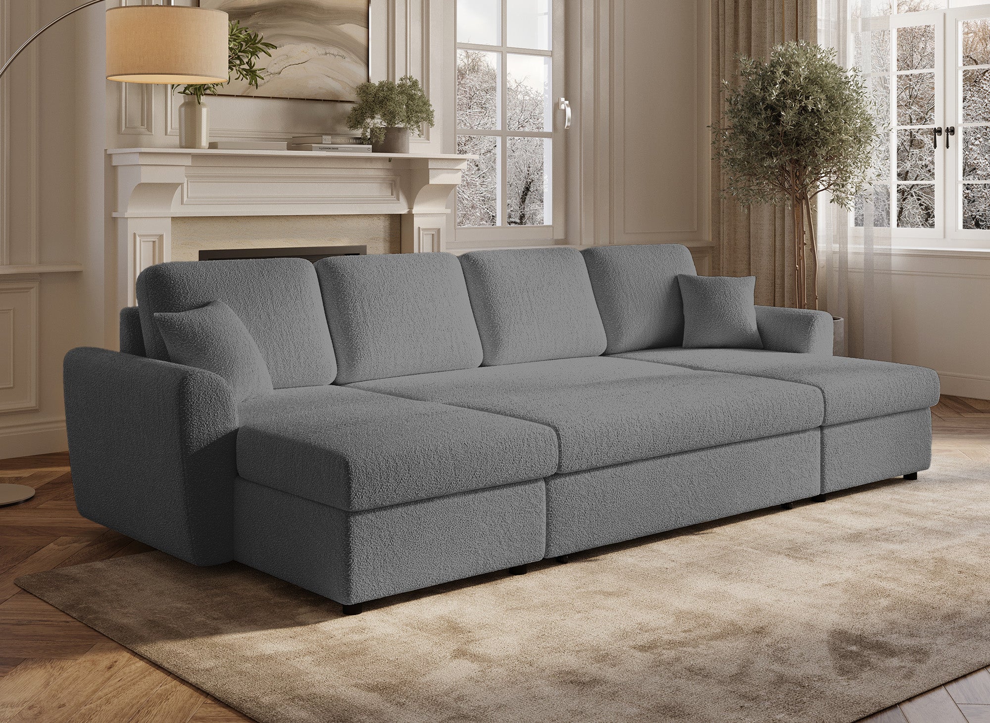 ADRYEN Panorama-Sofa mit 2 Aufbewahrungsboxen aus grauem Frotteestoff