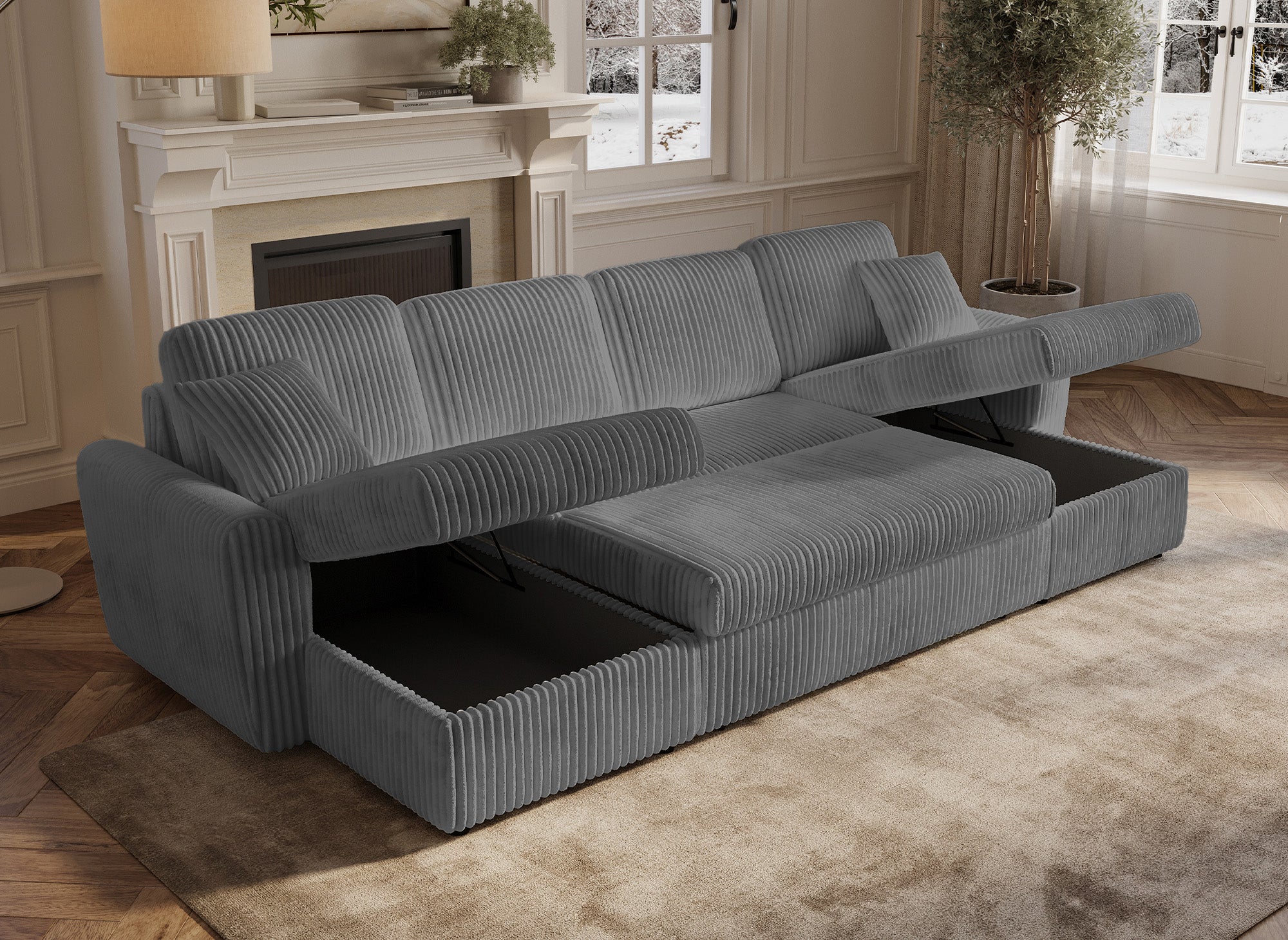 ADRYEN Panorama-Schlafsofa mit Staufächern aus dickem grauem Cord