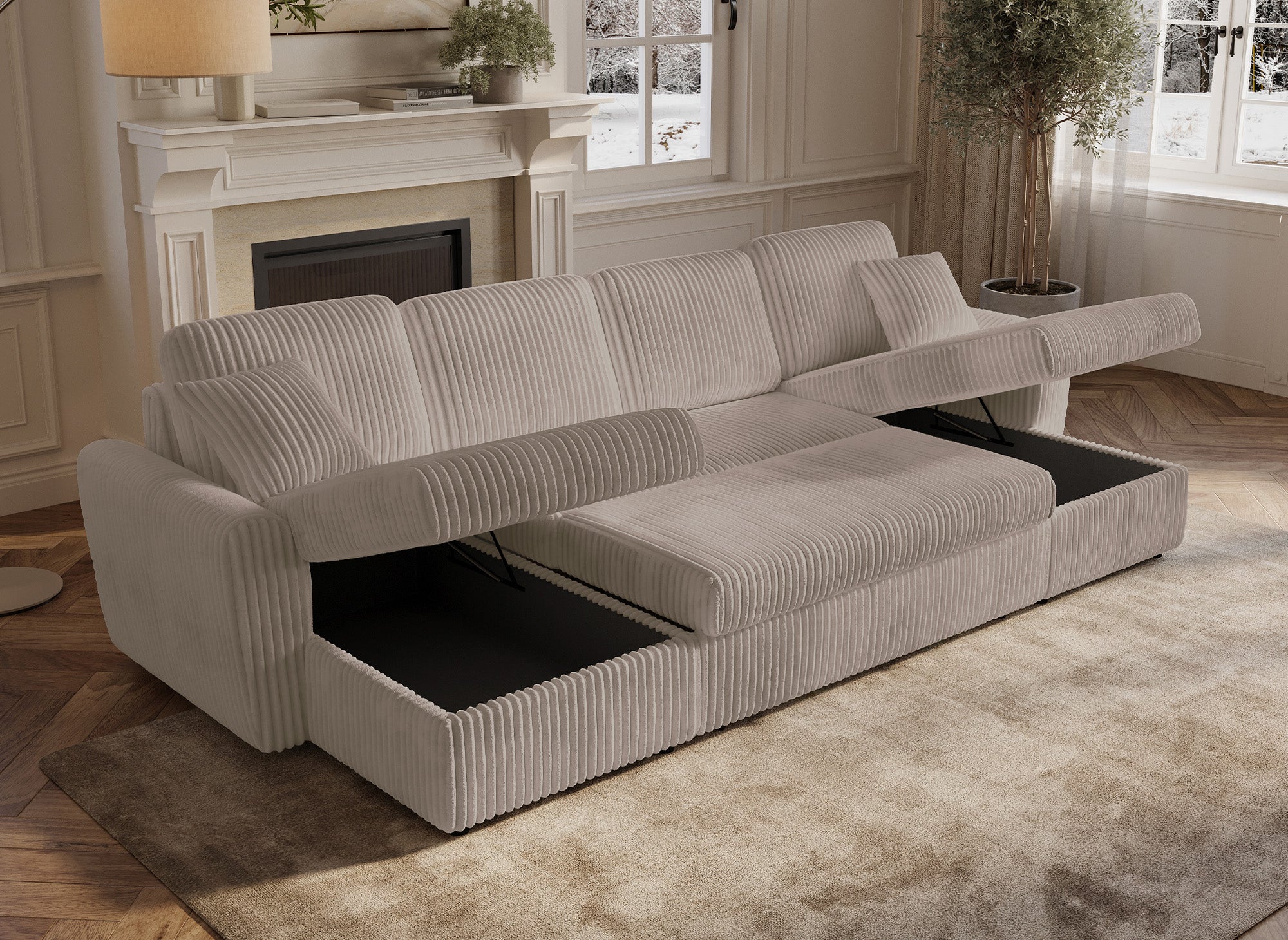 ADRYEN Panorama-Schlafsofa mit Stauraum in dickem taupefarbenem Cord