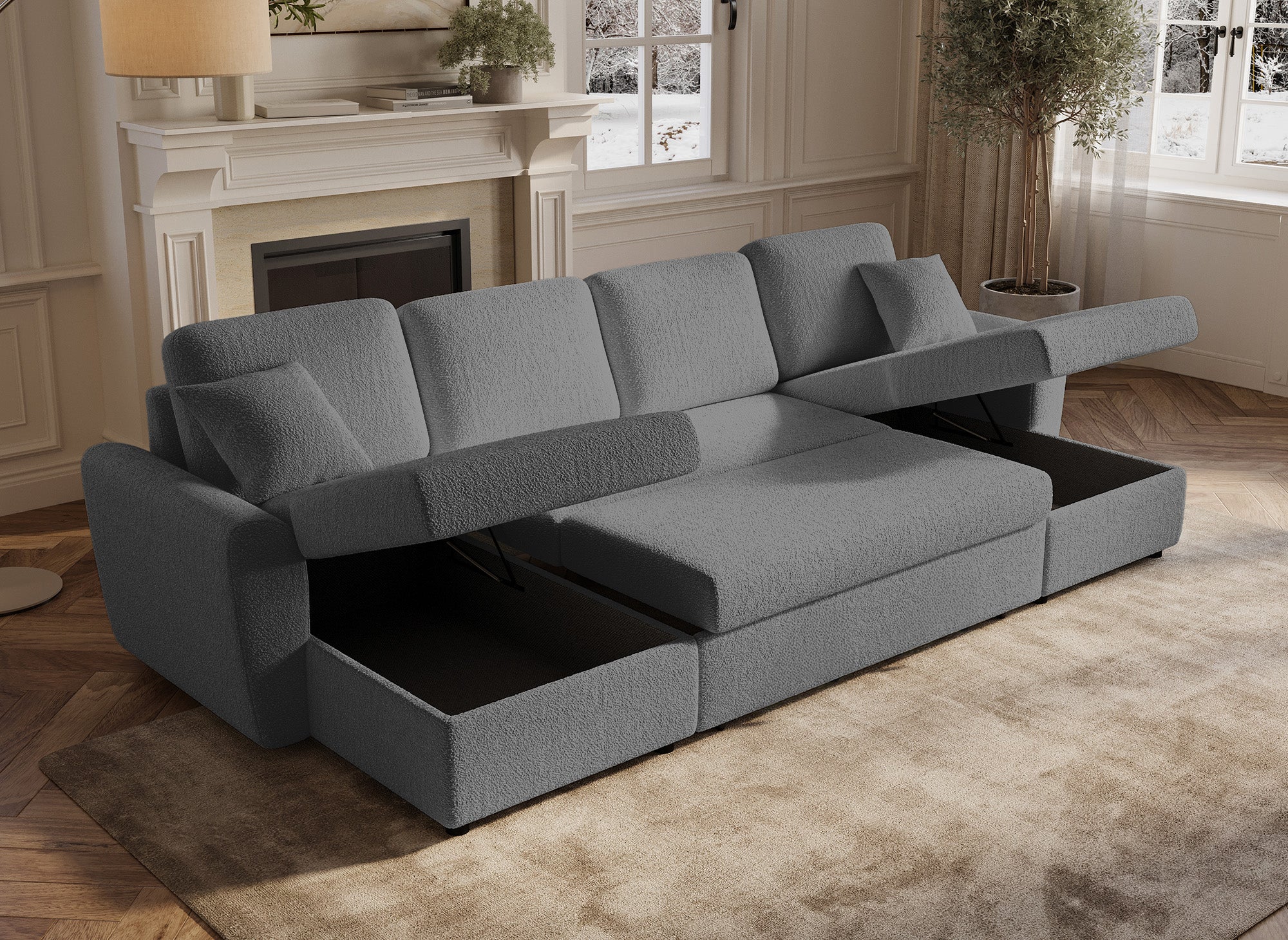 ADRYEN Panorama-Sofa mit 2 Aufbewahrungsboxen aus grauem Frotteestoff
