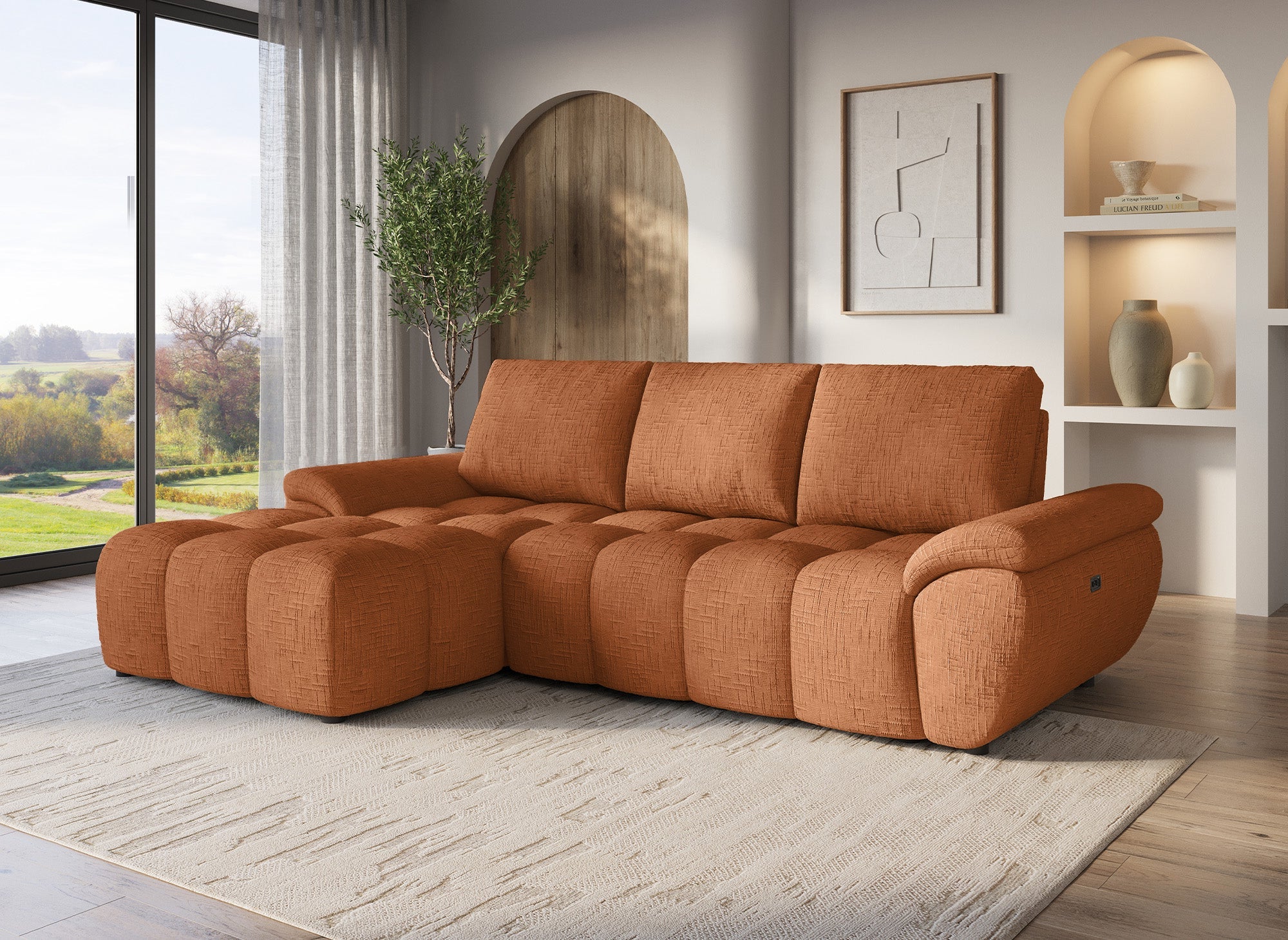 Elektrisches Relax-Ecksofa ALPES aus terrakottafarbenem, meliertem Samt – Linke Ecke