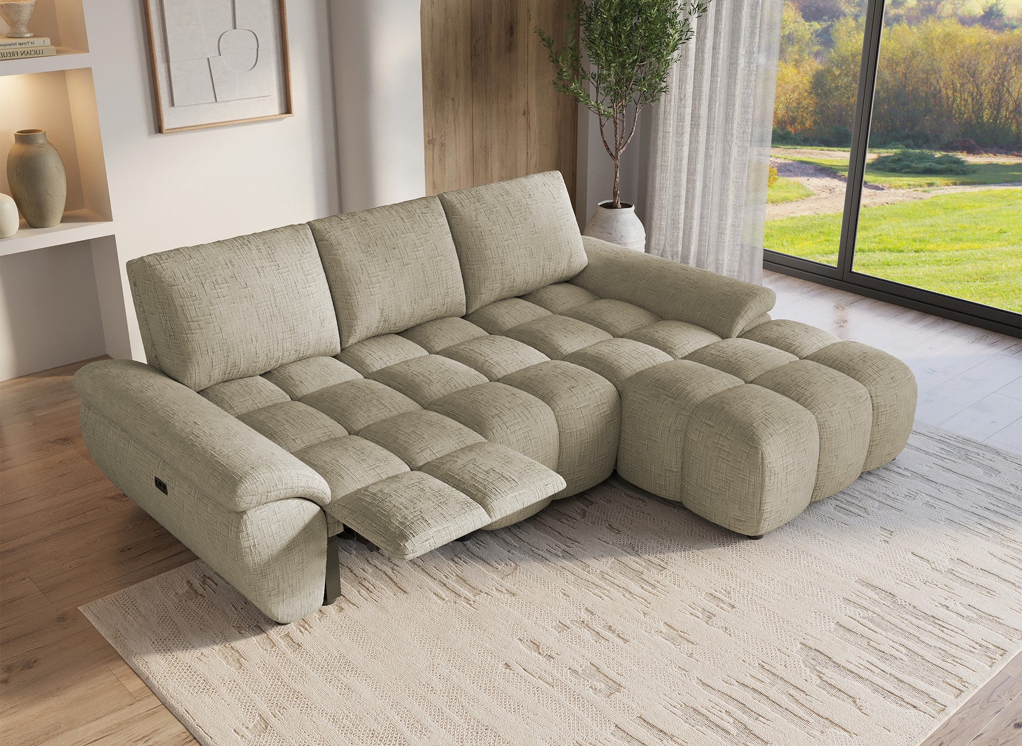 Elektrisches Relax-Ecksofa aus taupefarbenem meliertem Samt ALPES - Rechtwinklig