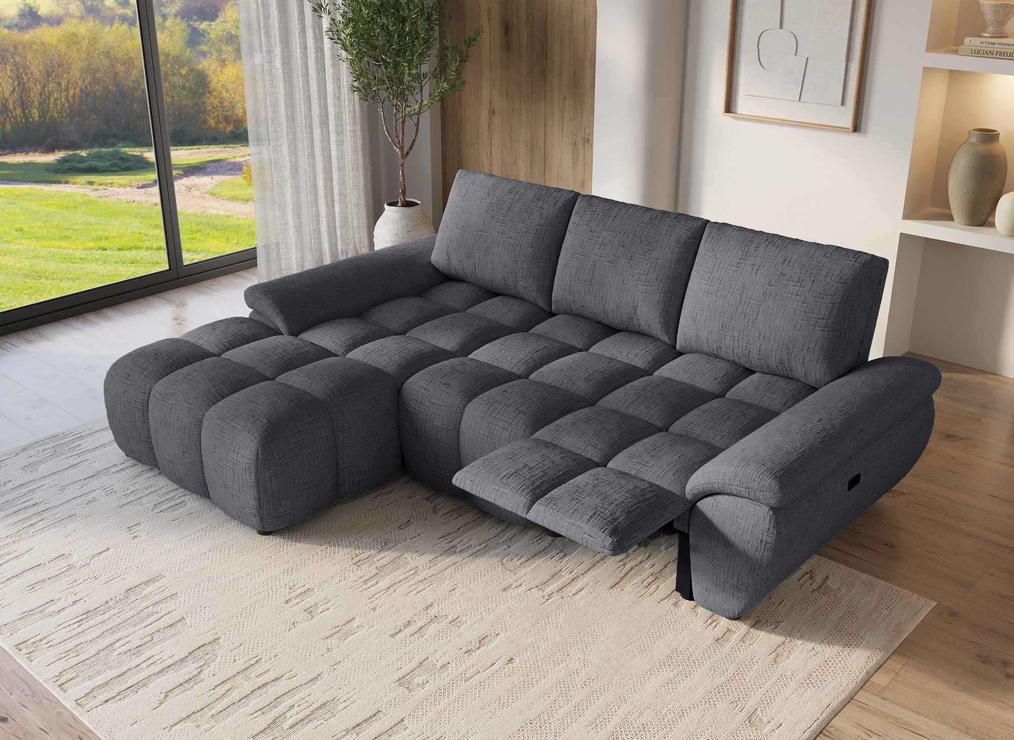 ALPES Ecksofa mit elektrischer Liegefunktion aus grau meliertem Samt – Linke Ecke