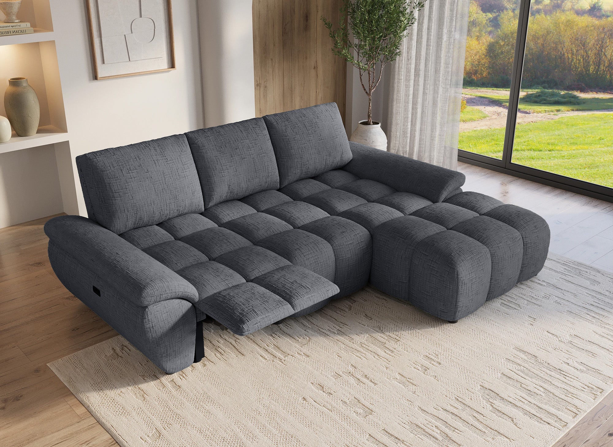 ALPES Ecksofa mit elektrischer Liegefunktion aus grau meliertem Samt – rechtwinklig