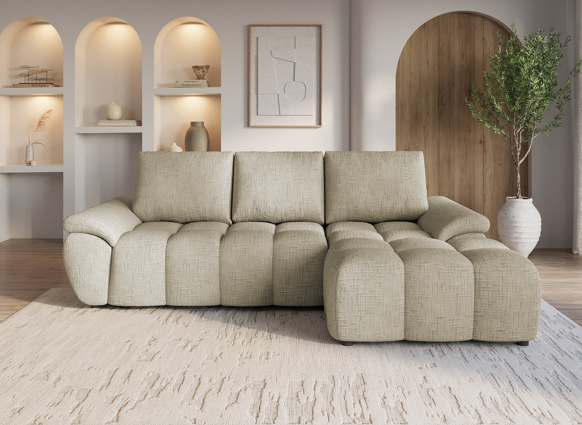 Elektrisches Relax-Ecksofa aus taupefarbenem meliertem Samt ALPES - Rechtwinklig