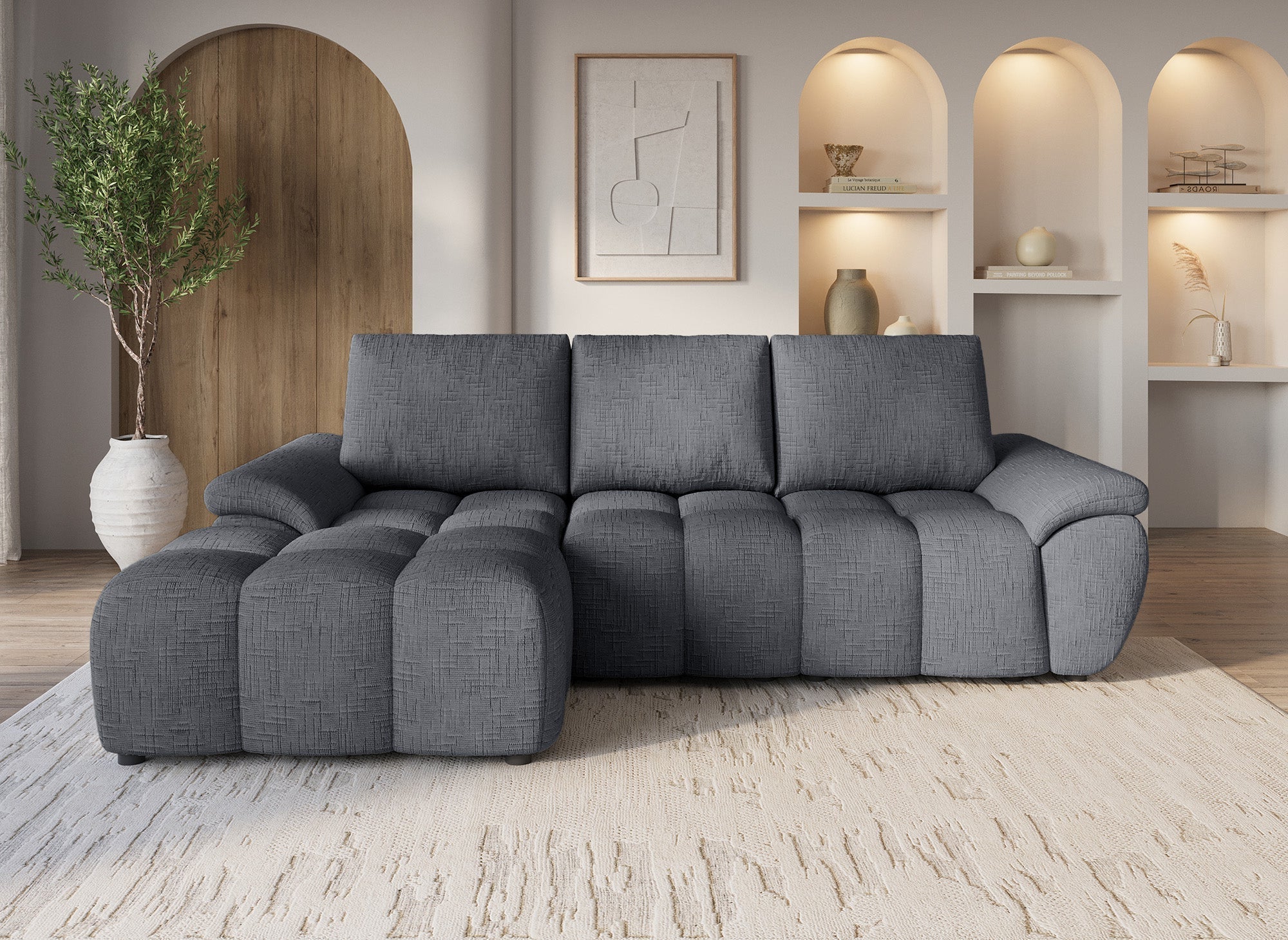 ALPES Ecksofa mit elektrischer Liegefunktion aus grau meliertem Samt – Linke Ecke