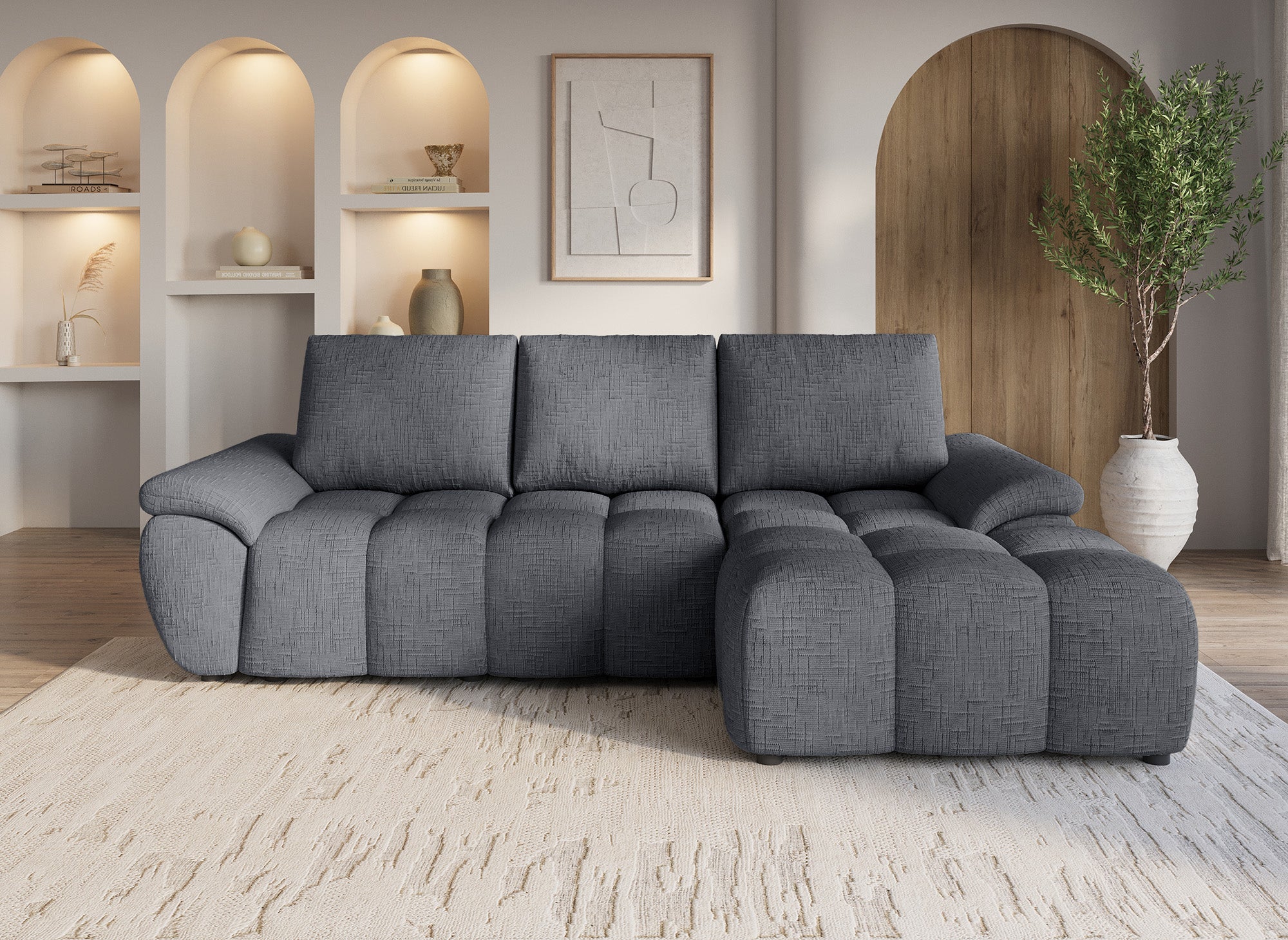 ALPES Ecksofa mit elektrischer Liegefunktion aus grau meliertem Samt – rechtwinklig