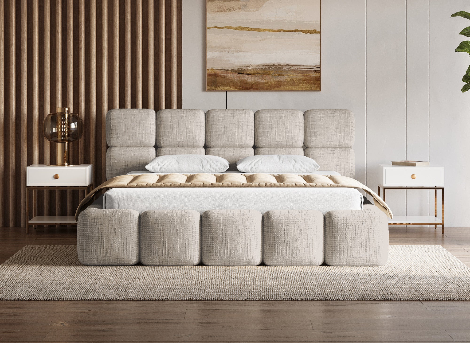 BUBBLE Bett mit Stauraum aus taupefarbenem Samt, 180 x 200 cm