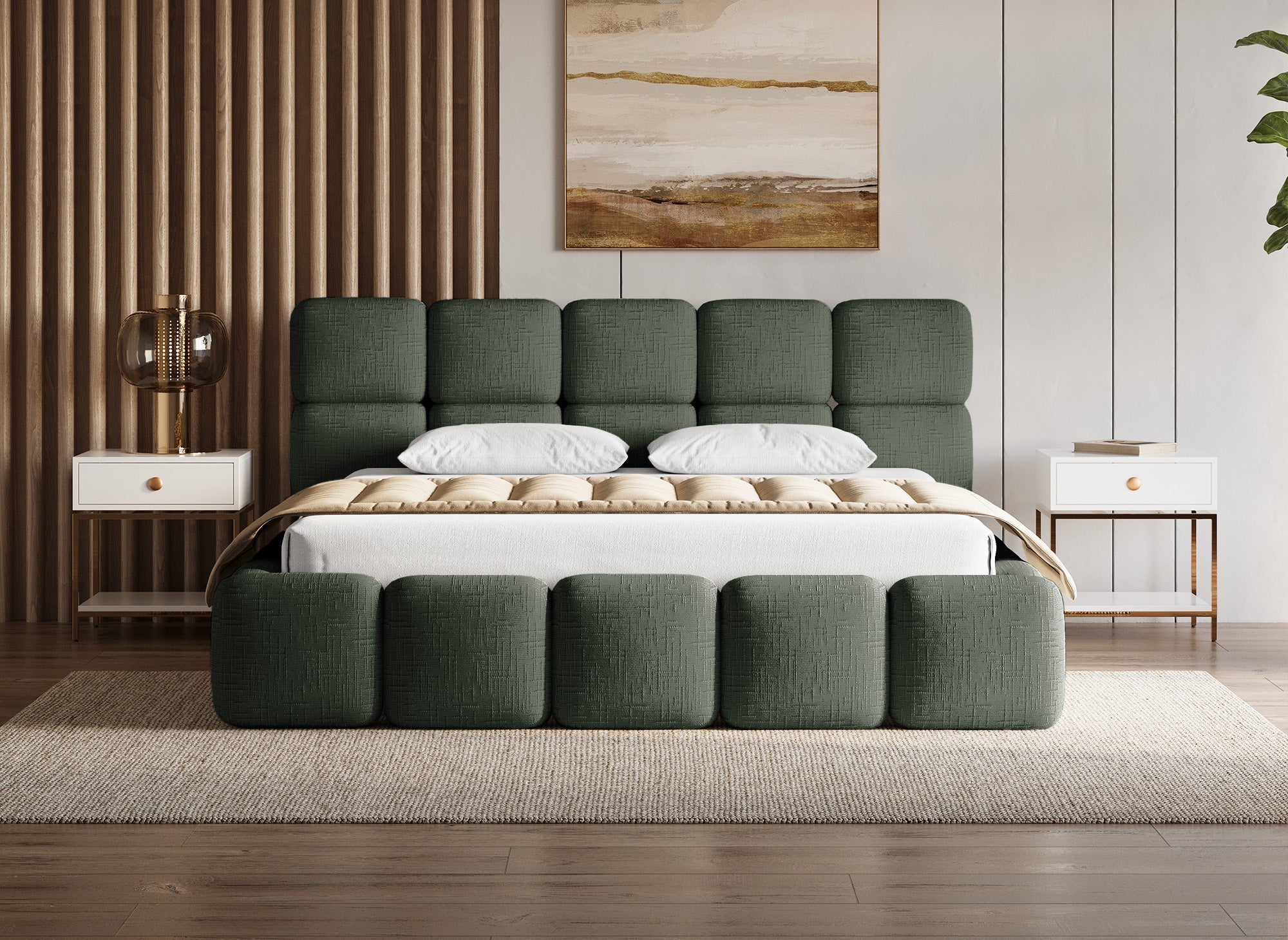 BUBBLE olivgrün meliertes Samtbett mit Stauraum 180x200 cm