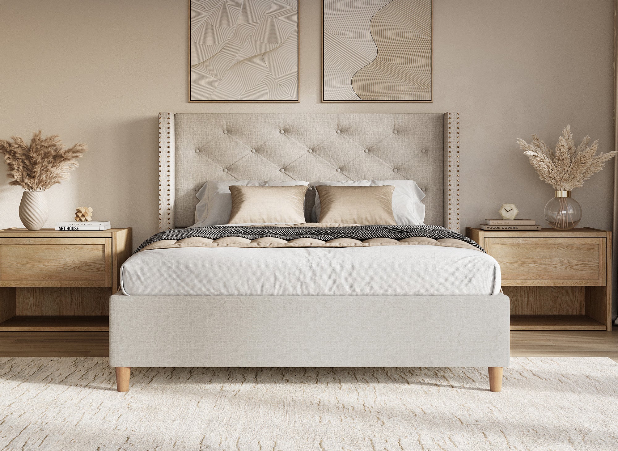 Doppelbett in beigefarbenem Polsterstoff 180x200 cm MARGOT
