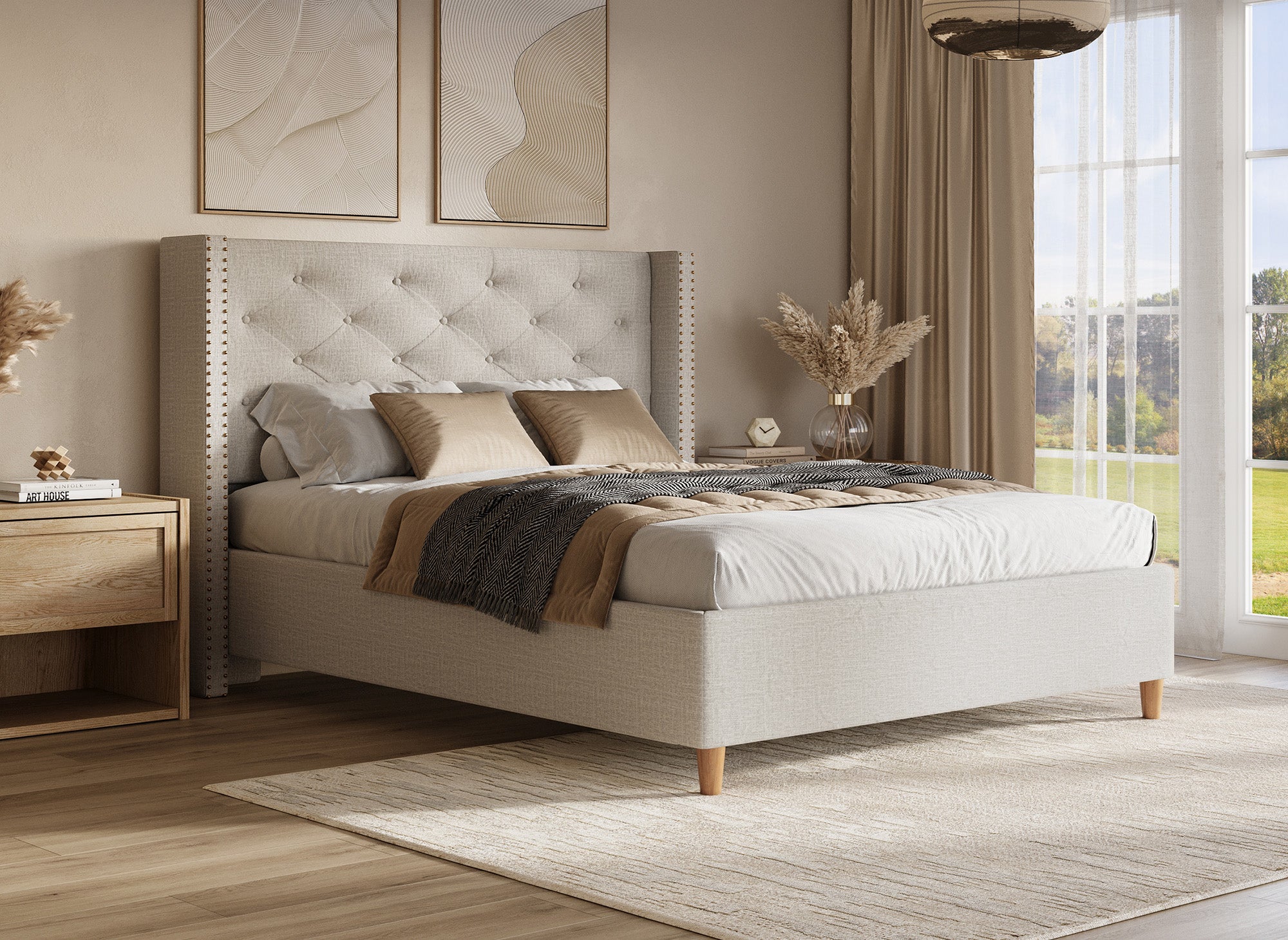 Doppelbett in beigefarbenem Polsterstoff 180x200 cm MARGOT