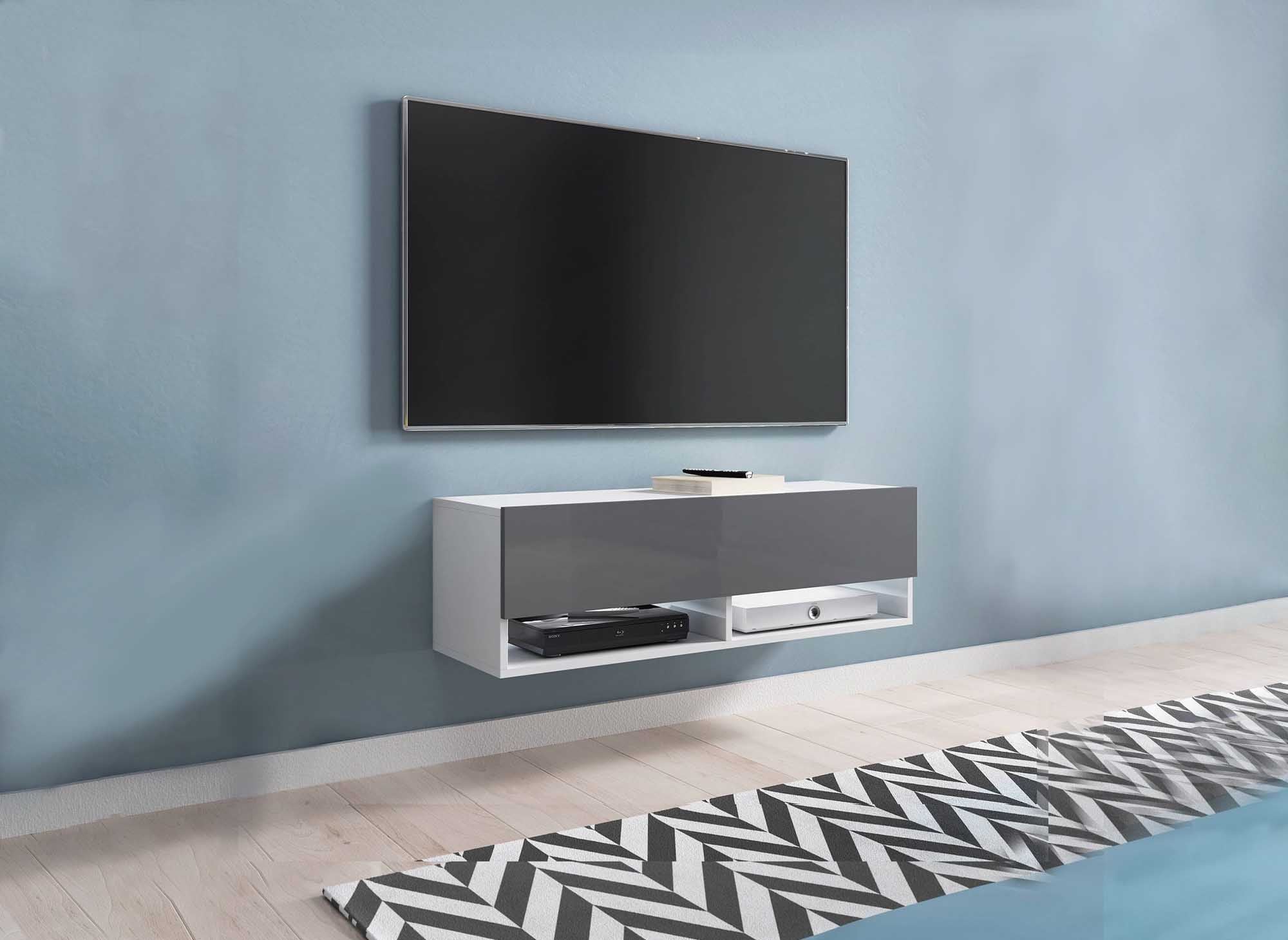 ROMANE TV-Wandschrank mit 1 Tür und 2 Nischen, weiß und grau – 100 cm