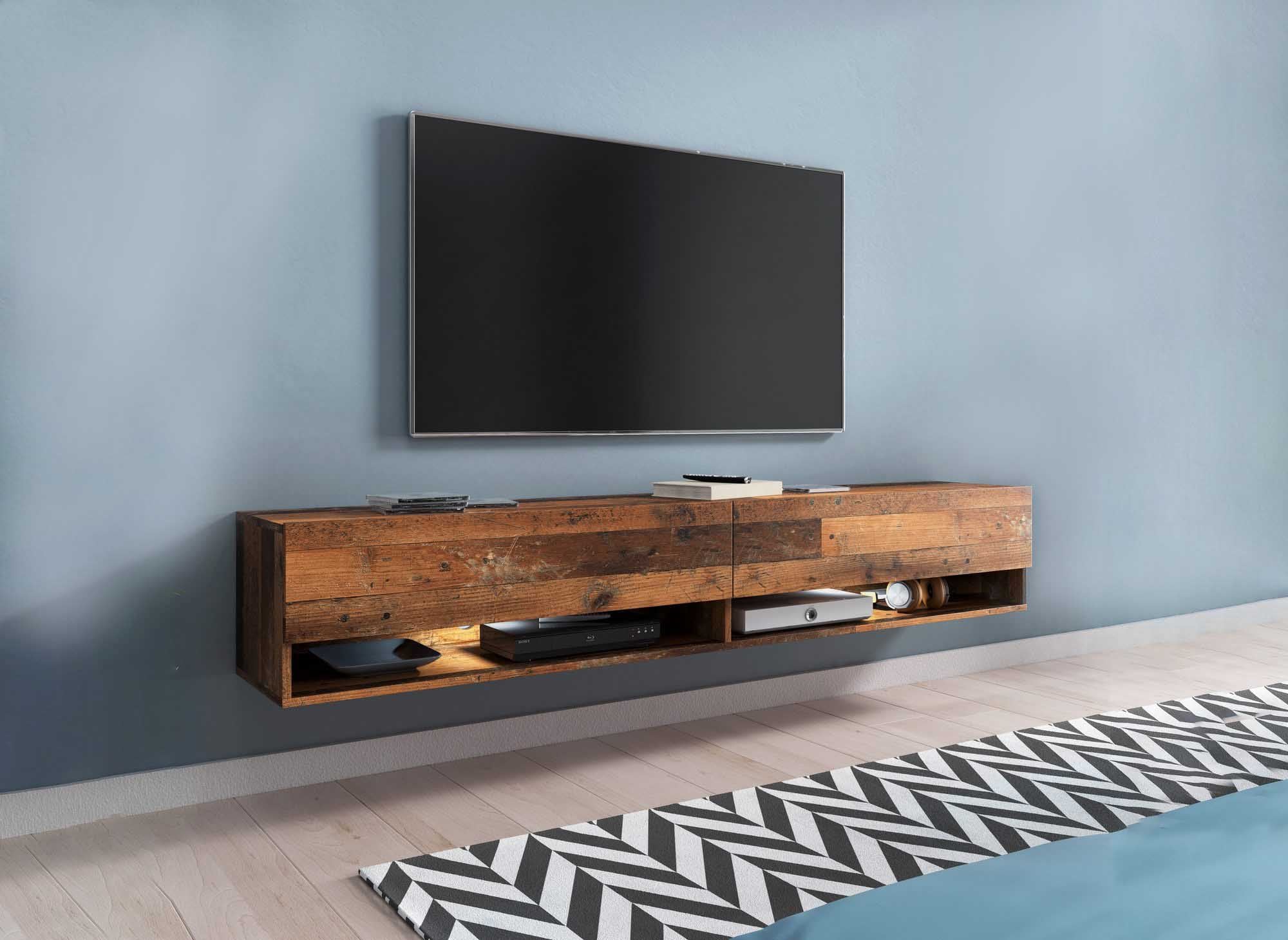 ROMANE XXL TV-Wandschrank mit 2 Türen und 2 Nischen aus gealterter Eiche – 180 cm