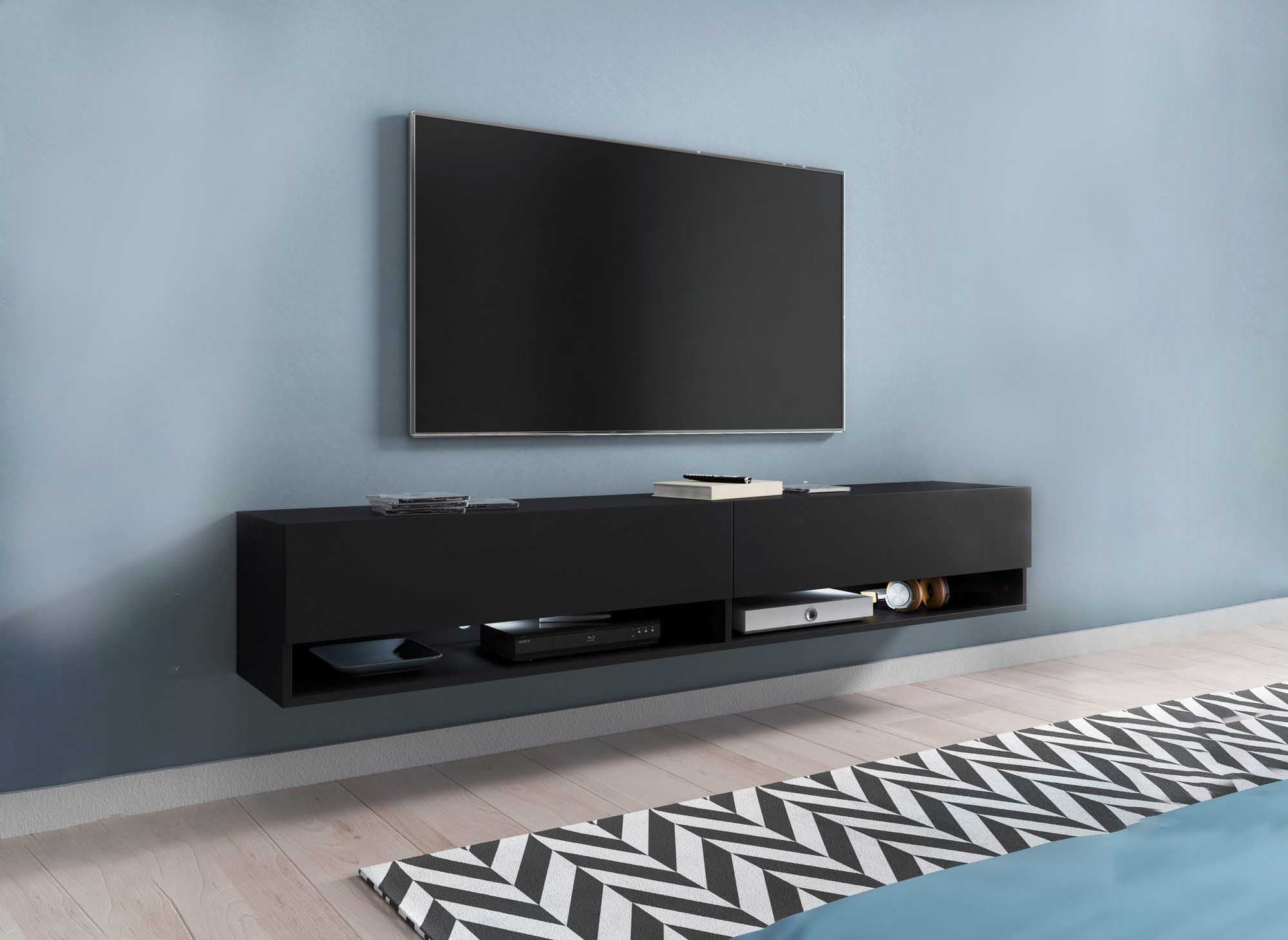 ROMANE XXL schwarzer TV-Wandschrank mit 2 Türen und 2 Nischen - 180 cm
