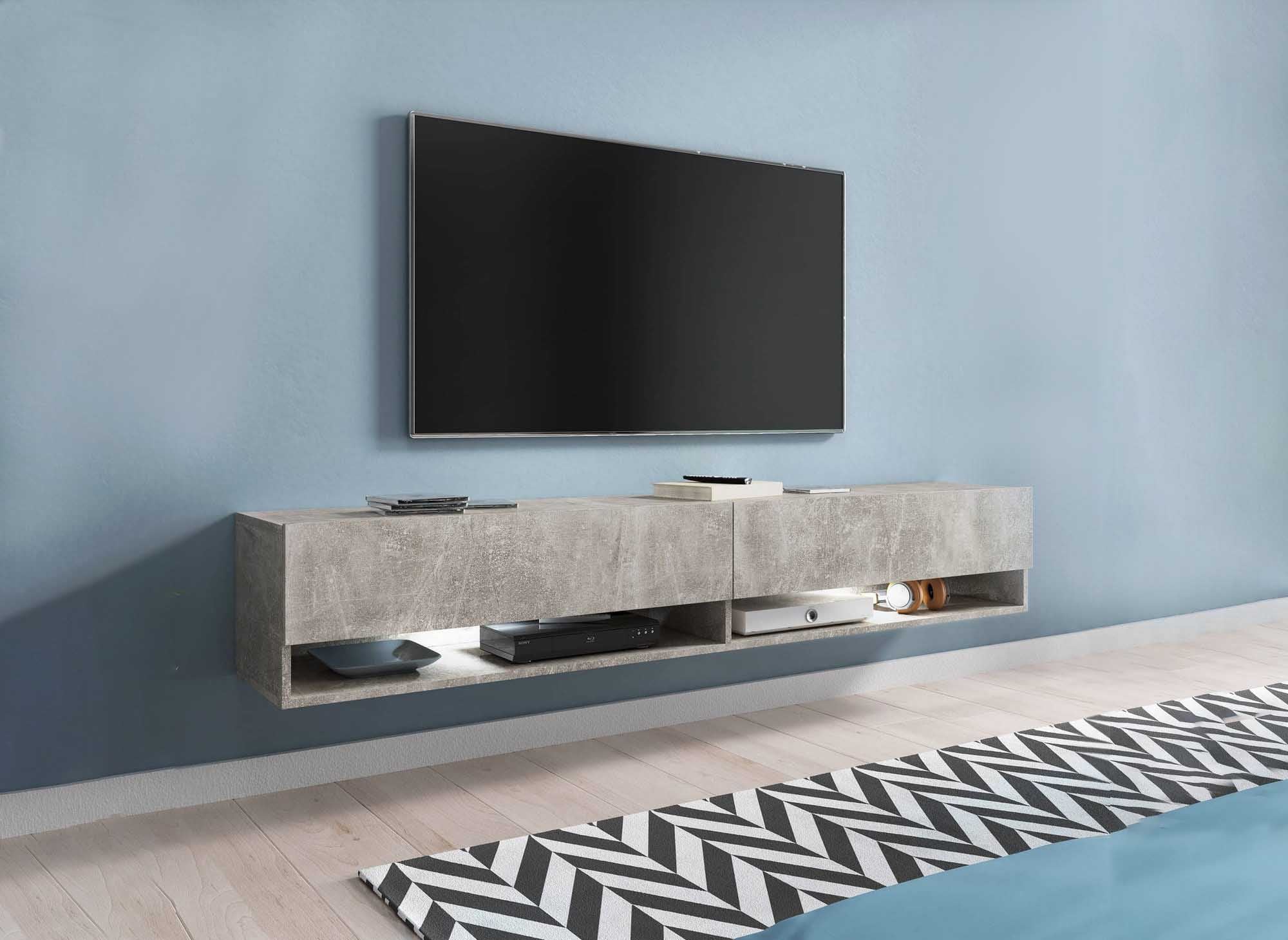 ROMANE XXL Betongrauer TV-Wandschrank mit 2 Türen und 2 Nischen - 180 cm