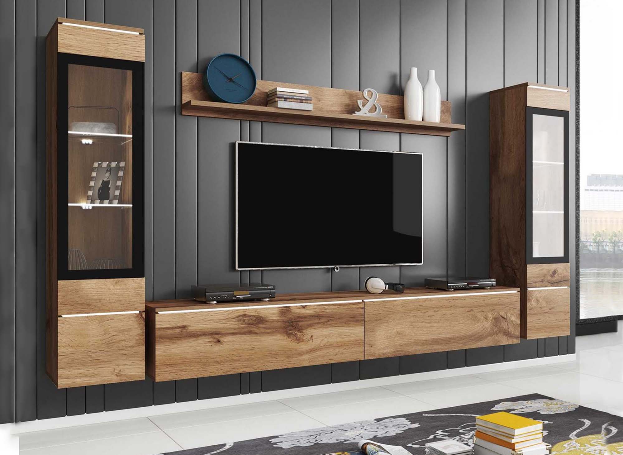 Moderner TV-Ständer aus gealterter Eiche mit LEDs - VERONICA XL