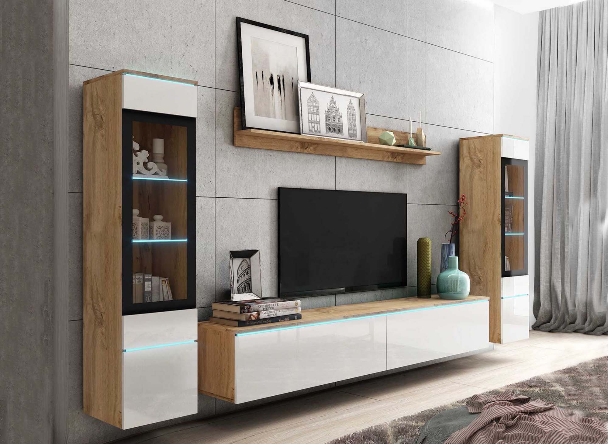Moderner TV-Schrank aus Eiche und weiß lackiert mit LED - VERONICA XL