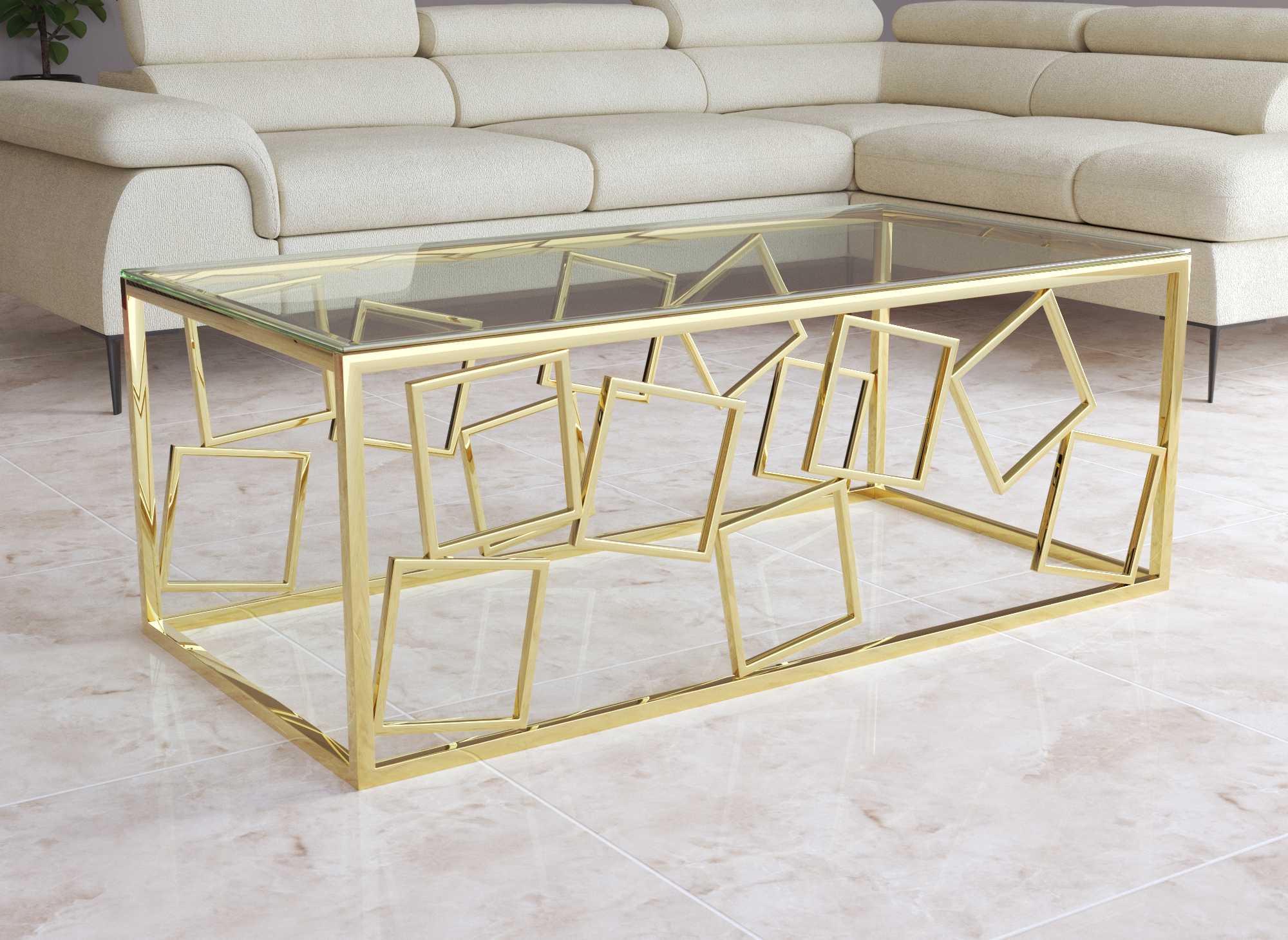 Rechteckiger Designer-Couchtisch ARVI aus Glas und goldfarbenem Metall