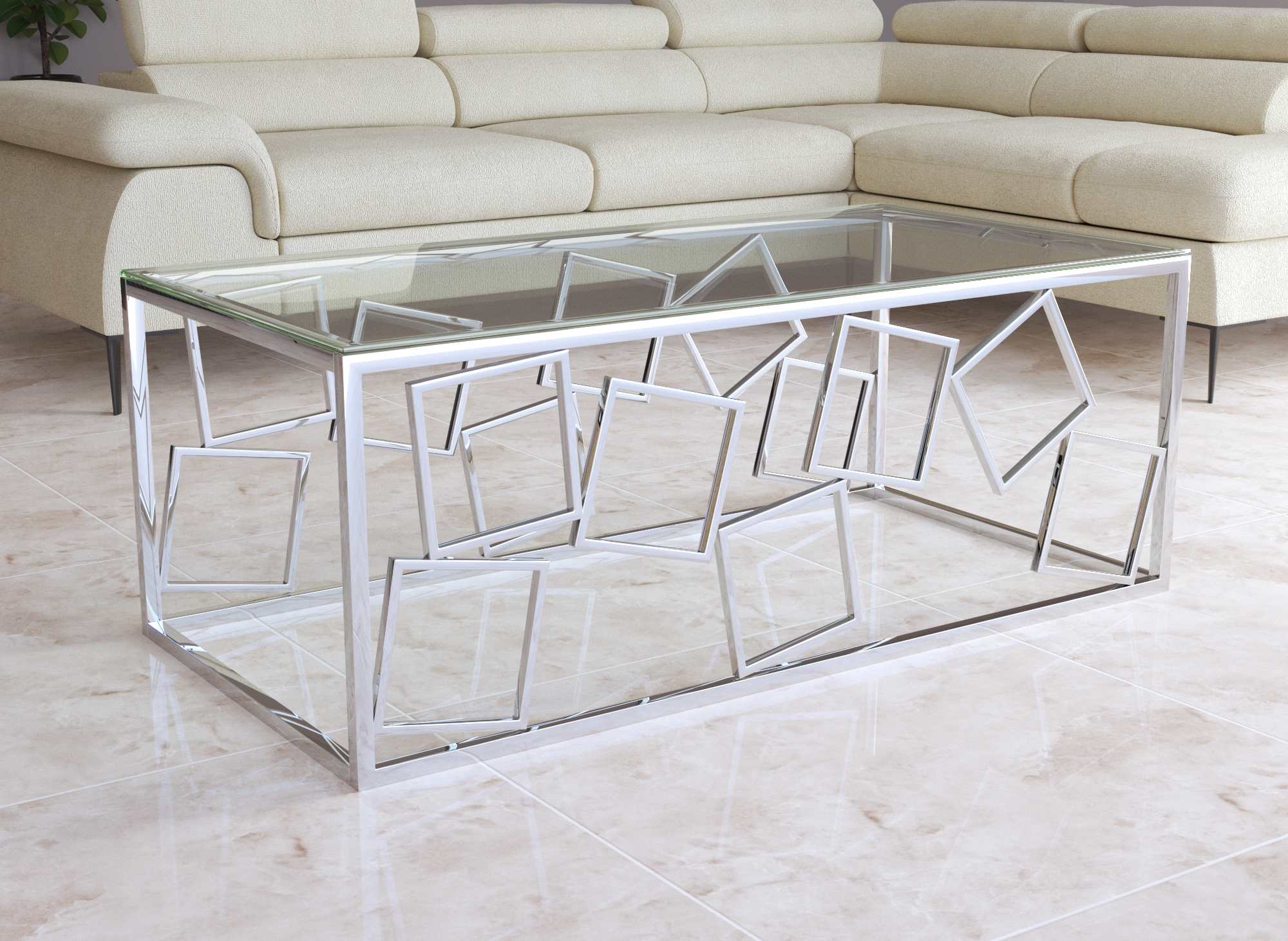 Rechteckiger Designer-Couchtisch ARVI aus Glas und silbernem Metall