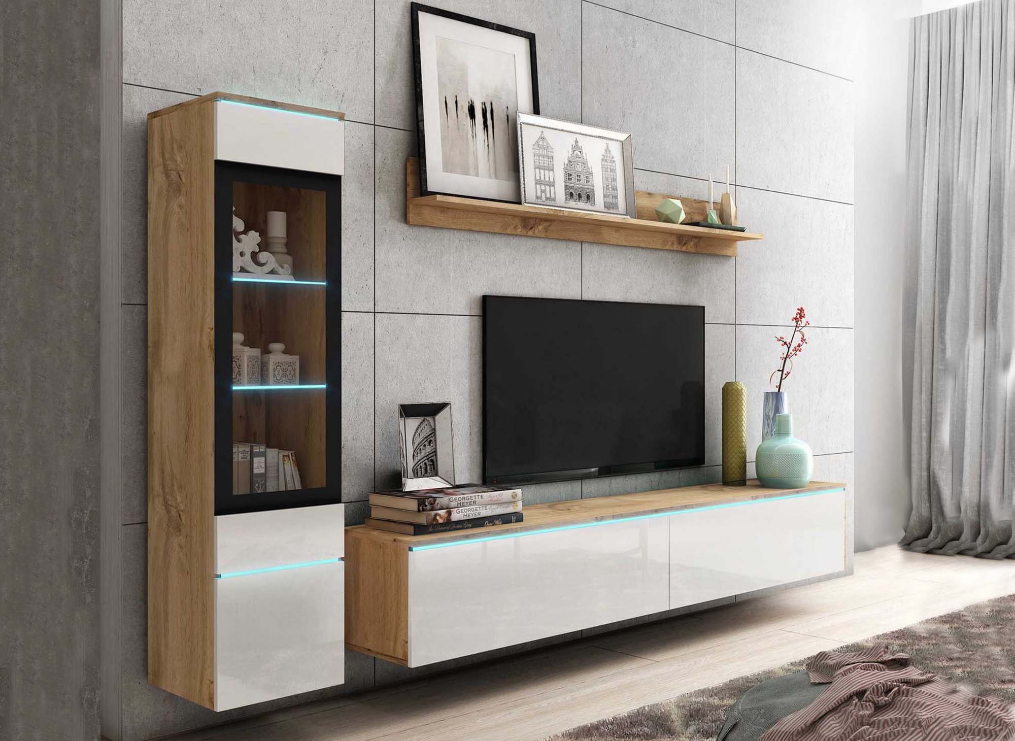 Moderner TV-Schrank aus Eiche und weiß lackiert mit LED - VERONICA