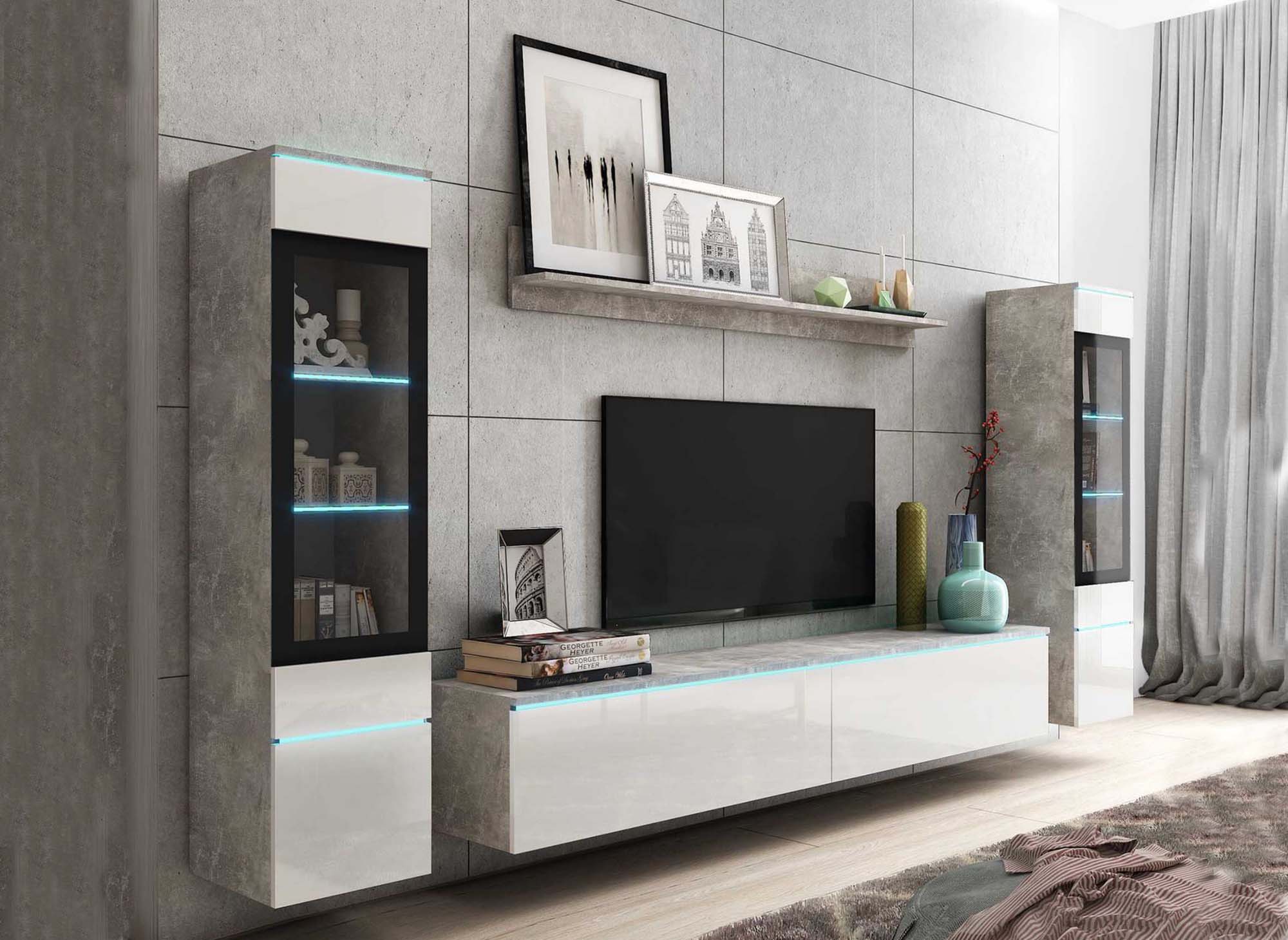 Moderner TV-Ständer mit LED in Betongrau und Weiß lackiert – VERONICA XL
