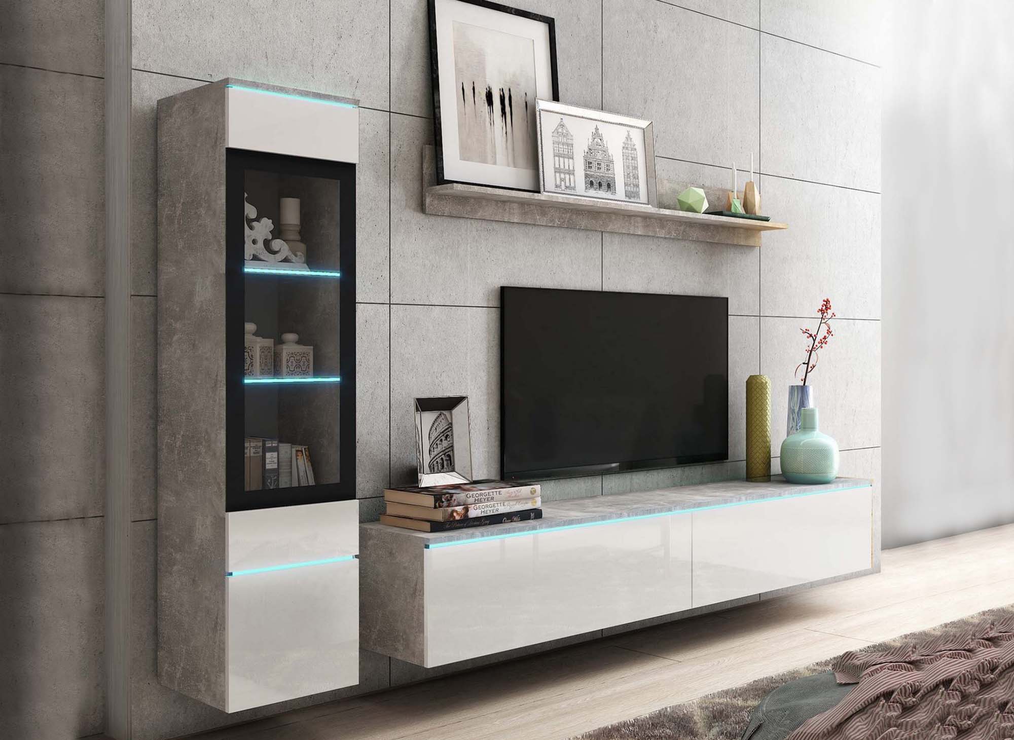 Zeitgenössischer TV-Schrank in Betongrau und Weißlack mit LED – VERONICA
