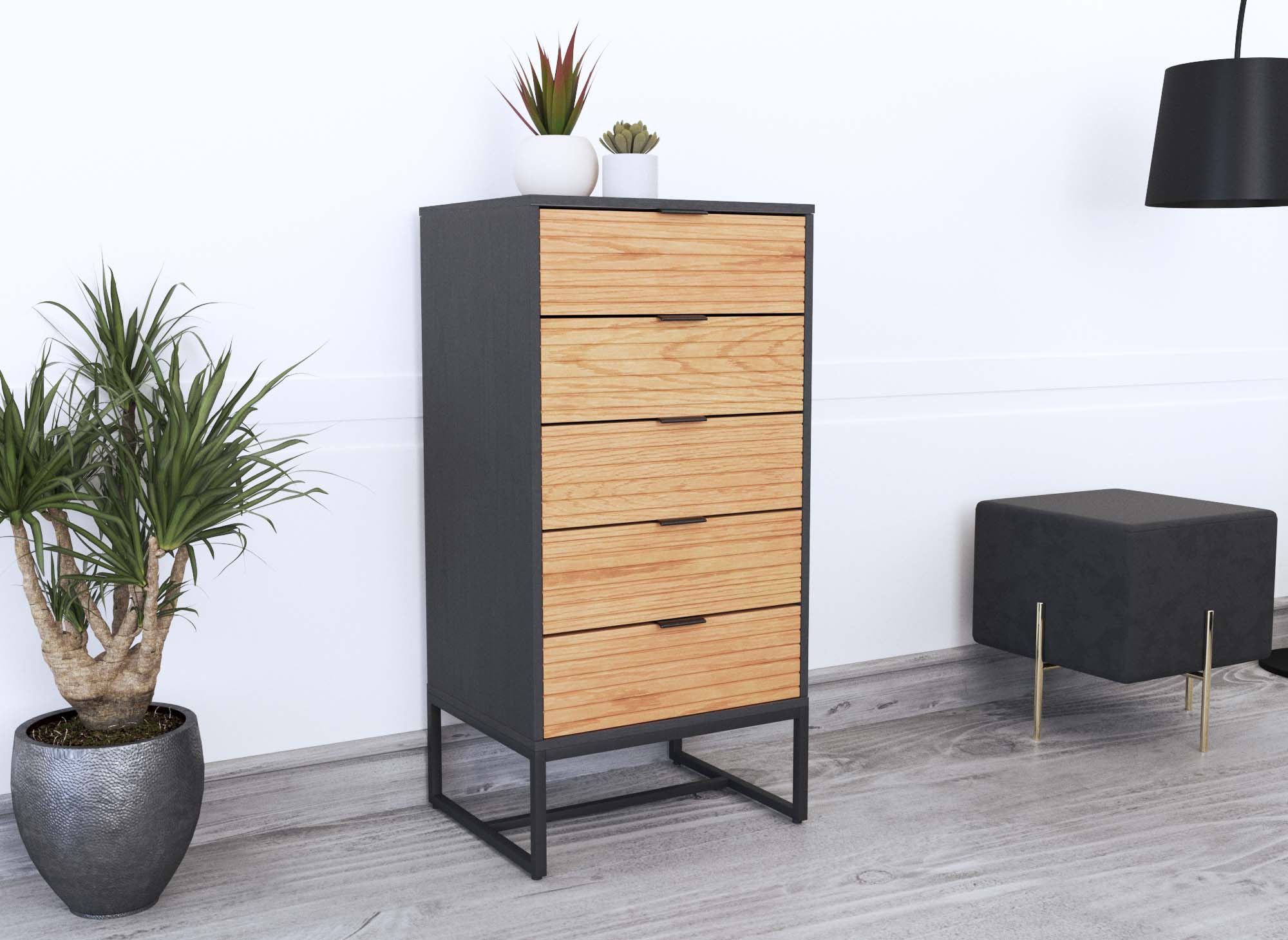 TISSIA Kommode mit 5 Schubladen aus hellem Holz und schwarzem Metall