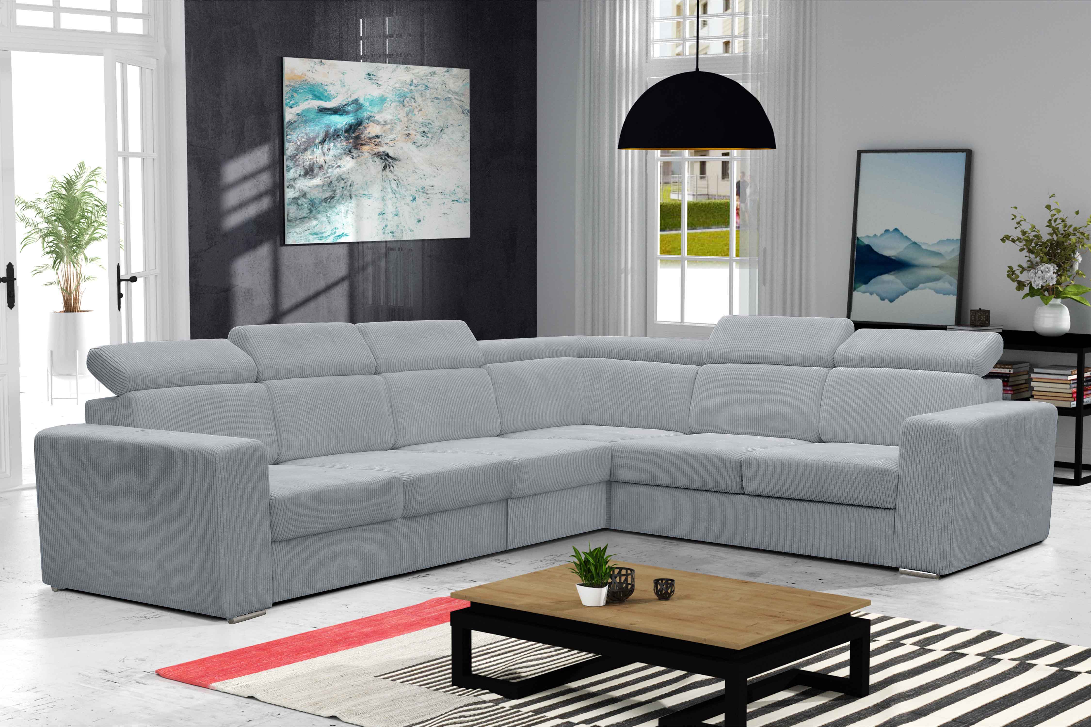 MERYL XL Ecksofa aus hellgrauem Cord, umwandelbar und wendbar
