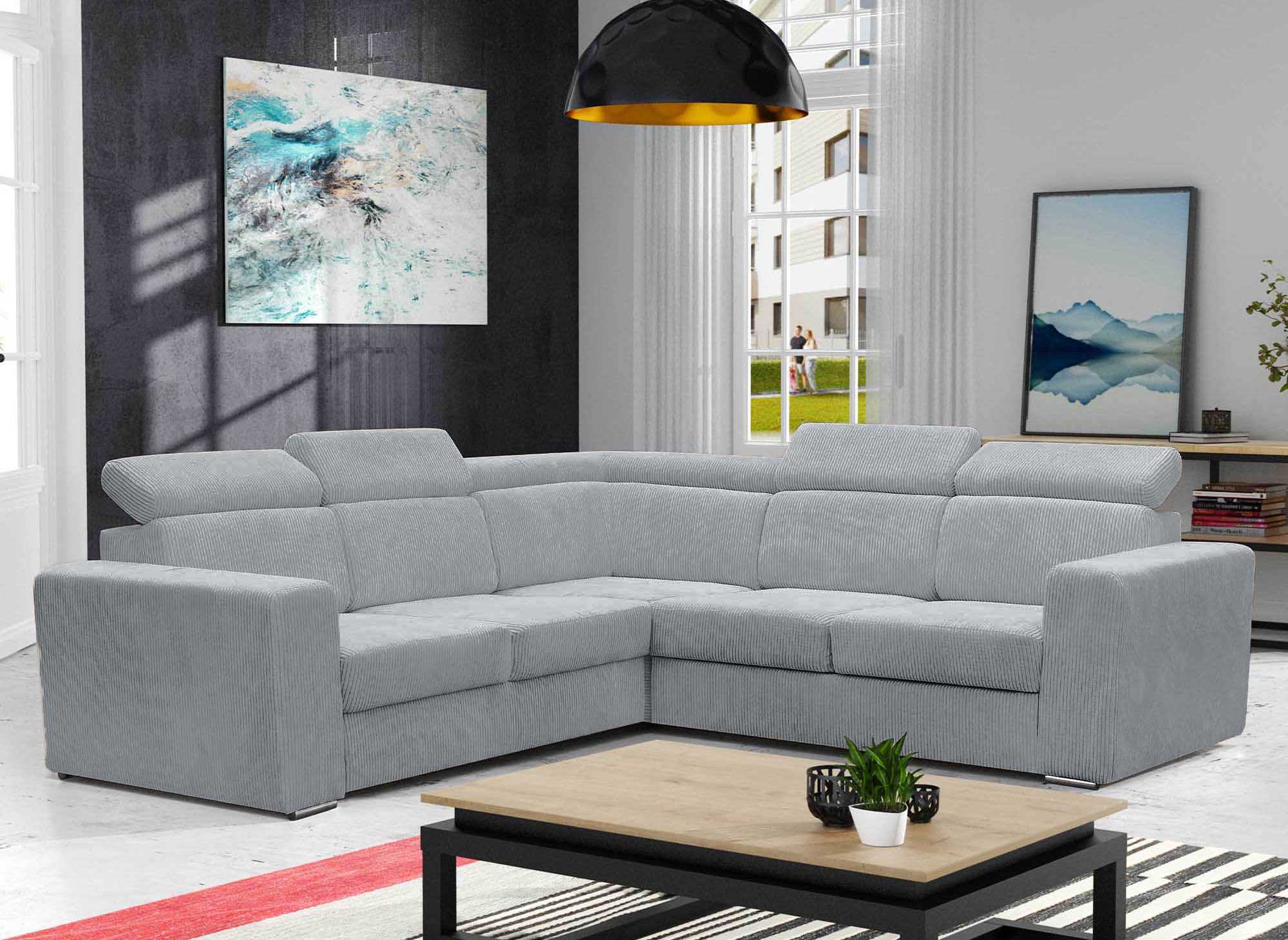 MERYL Ecksofa aus hellgrauem Cord, umwandelbar und wendbar