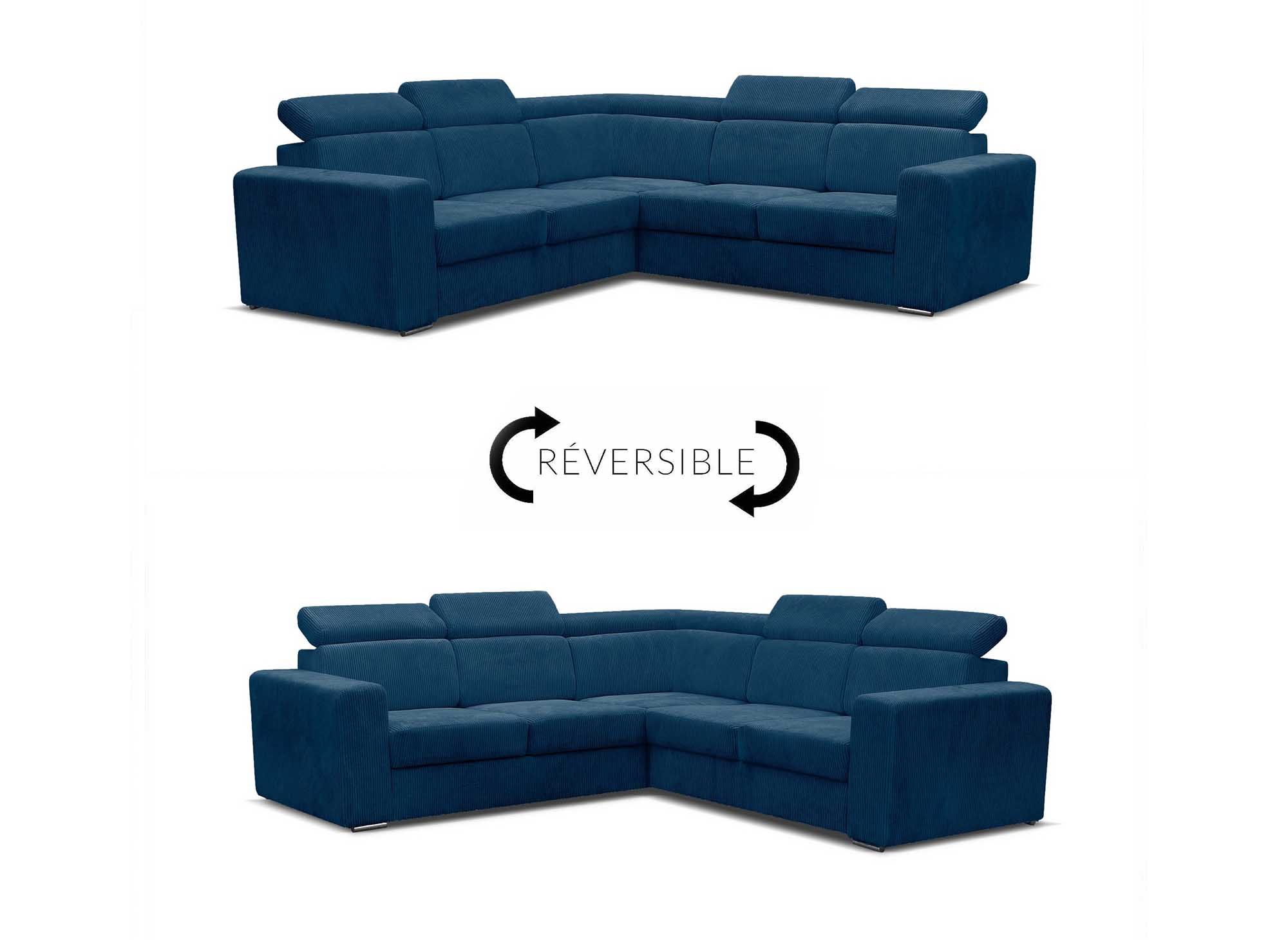 MERYL, umwandelbares und wendbares Ecksofa aus blauem Cord