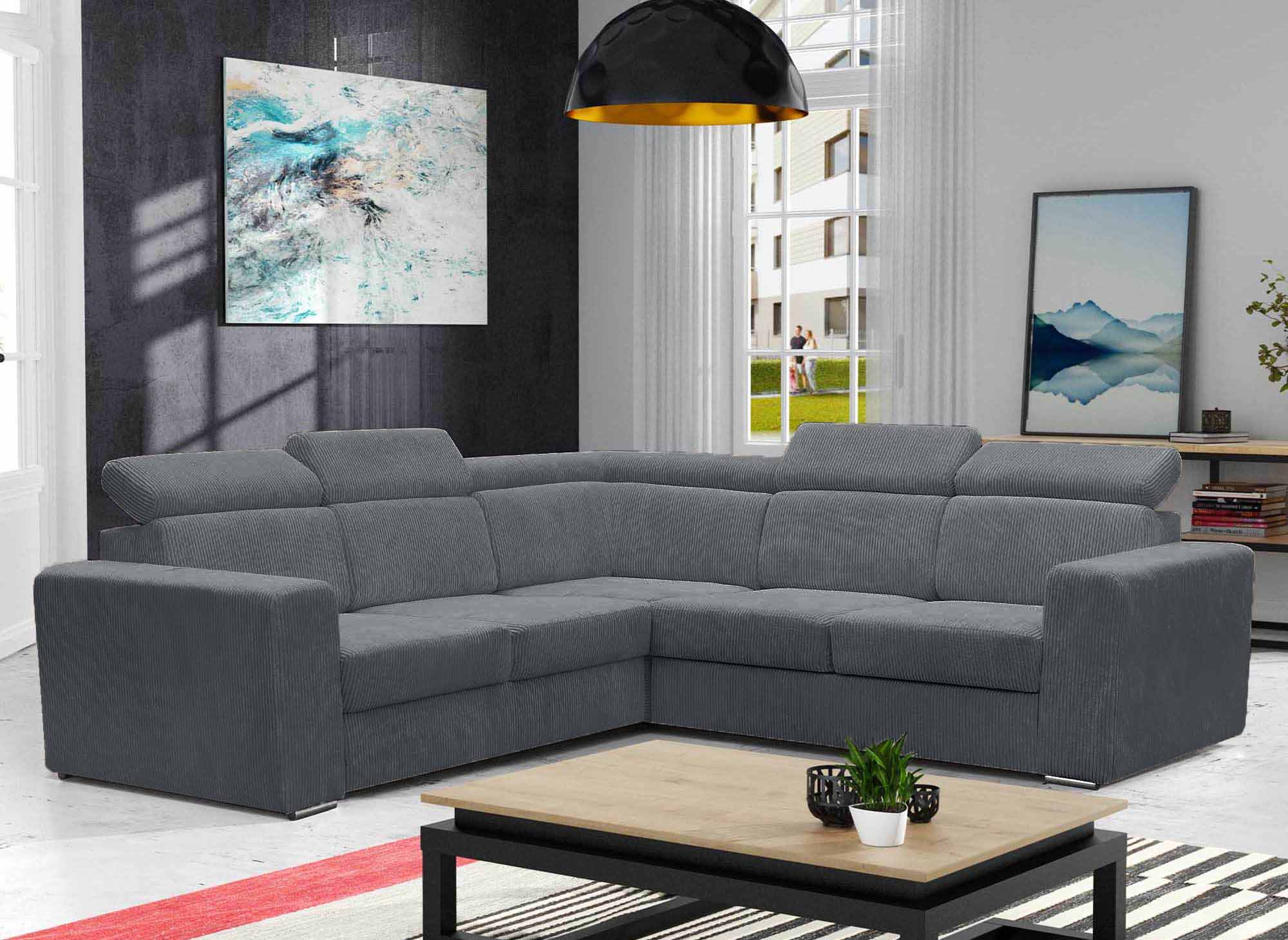 MERYL Ecksofa aus dunkelgrauem Cord, umwandelbar und wendbar