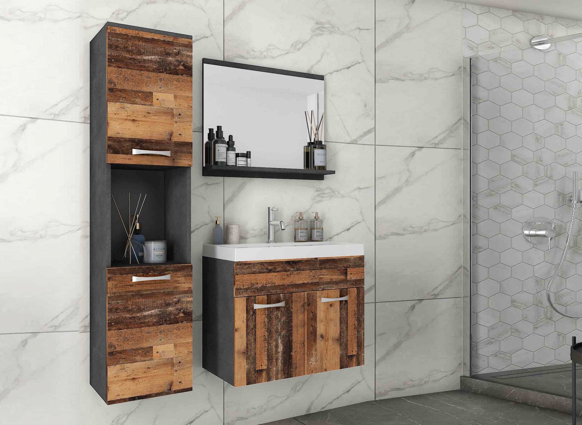 Designer-Hängemöbelset HARMONY - Dunkelgrau und gealterte Eiche