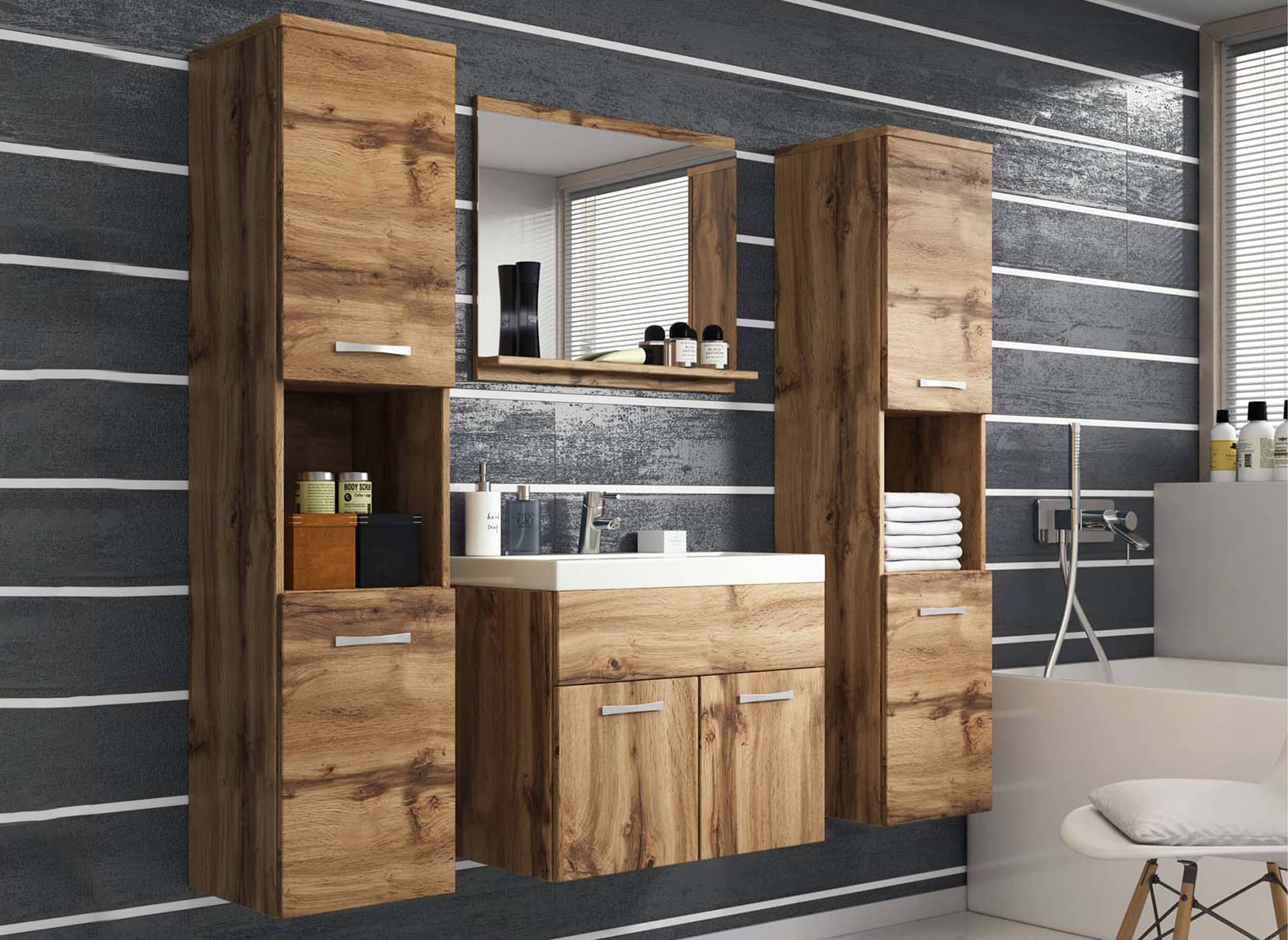 XL-Badmöbel-Set zur Wandmontage - HARMONY Altholzoptik