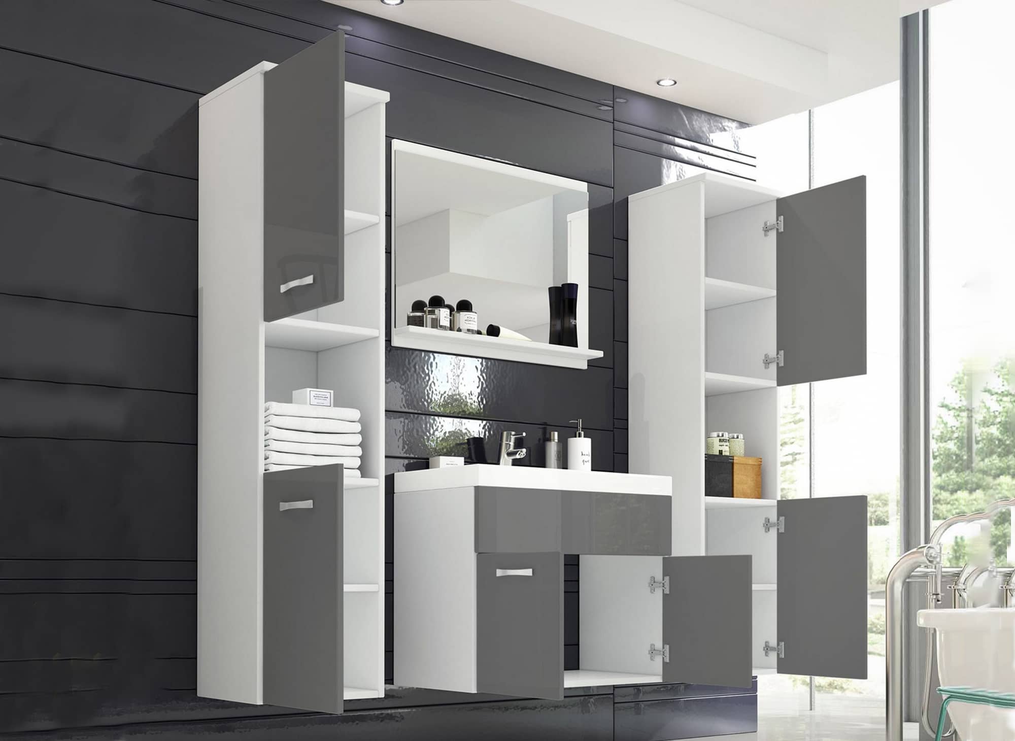 XL-Hänge-Designer-Badmöbelset - Weiß und Grau HARMONY