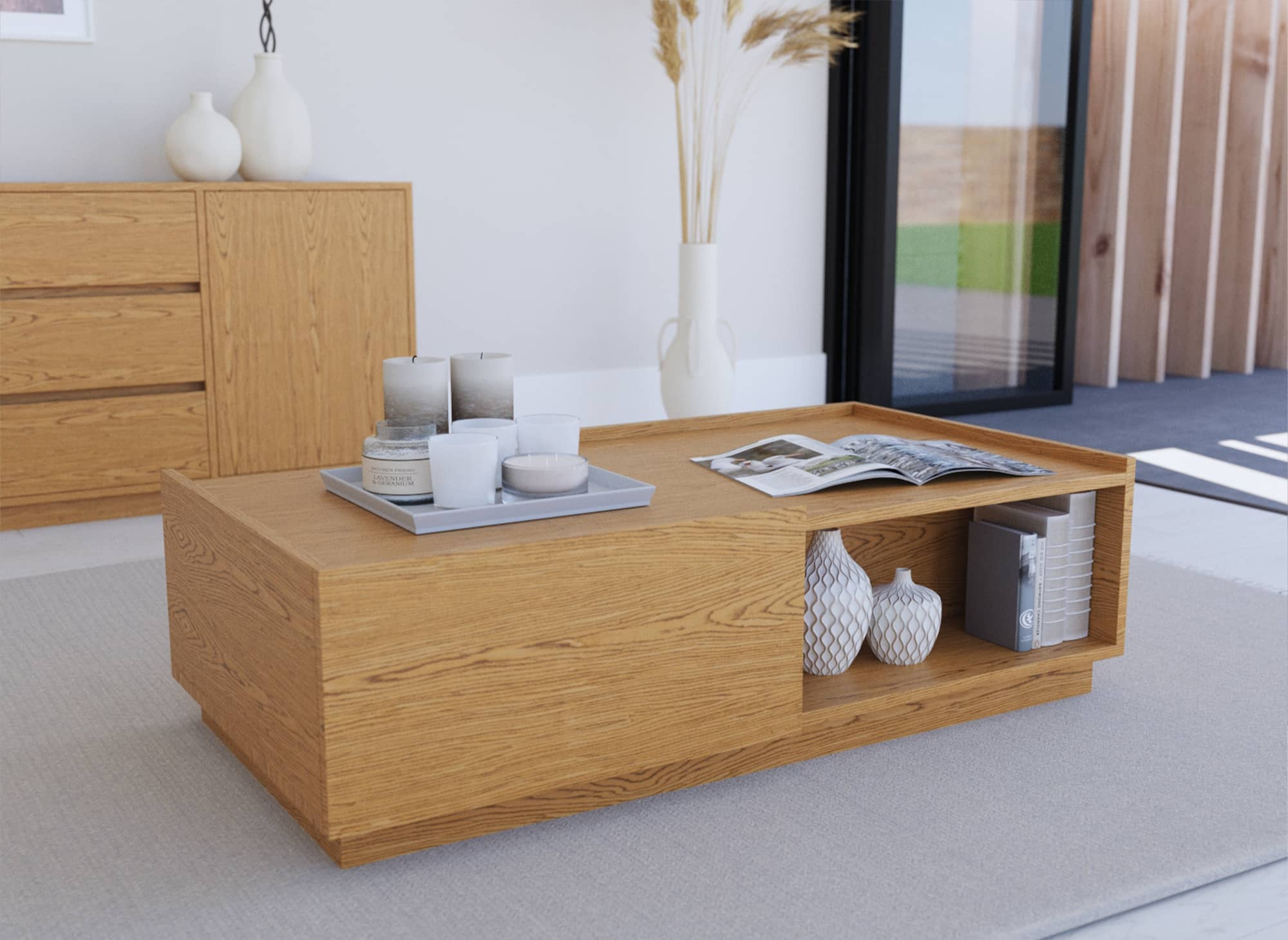 SACHA eichenfarbener Couchtisch aus Holz mit 2 Schubladen