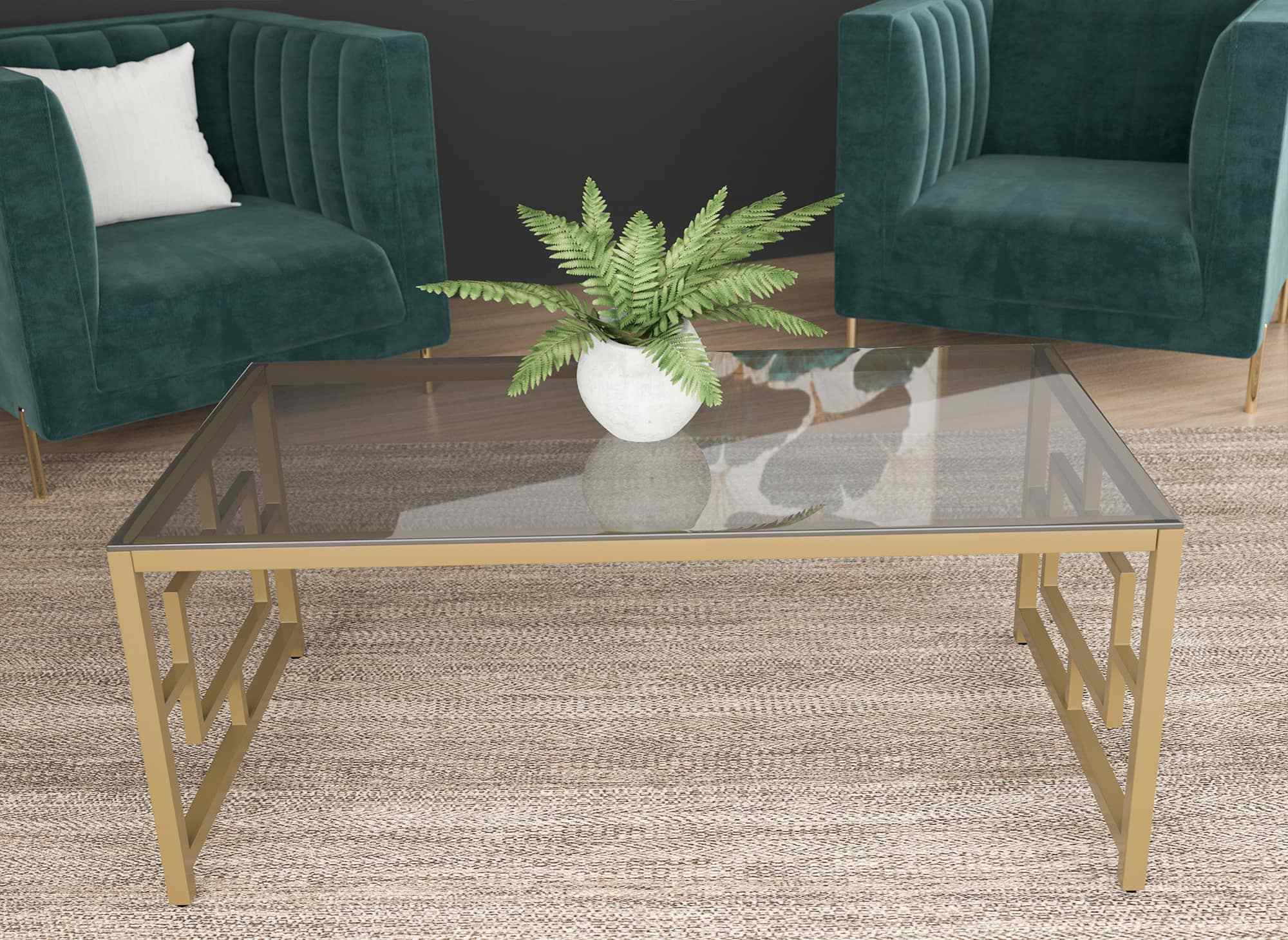 Rechteckiger Designer-Couchtisch PABLO aus schwarzem Glas und goldfarbenem Metall