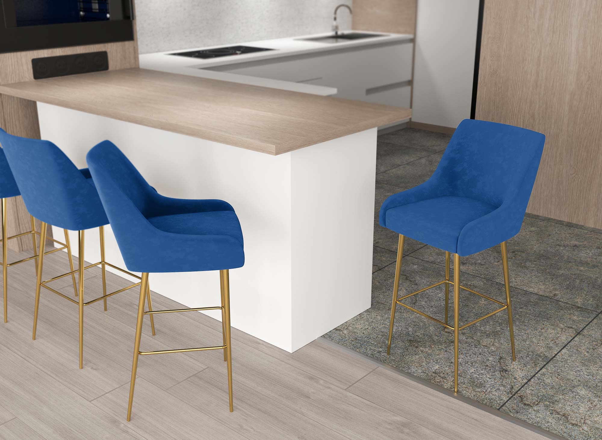 2er-Set LALYA Designer-Barhocker aus blauem Samt