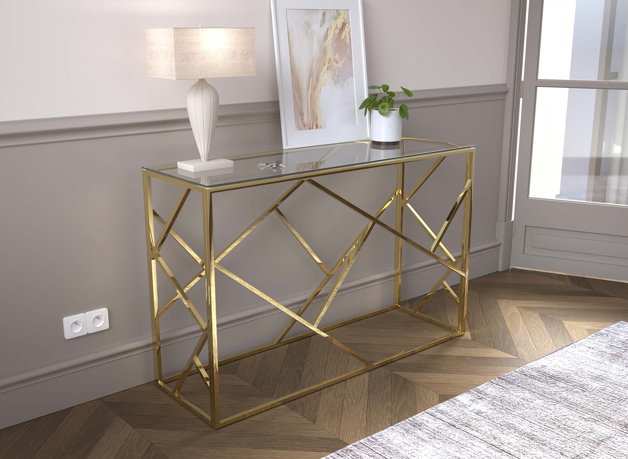 DELTA Designer-Konsole aus transparentem Glas und goldfarbenem Metall