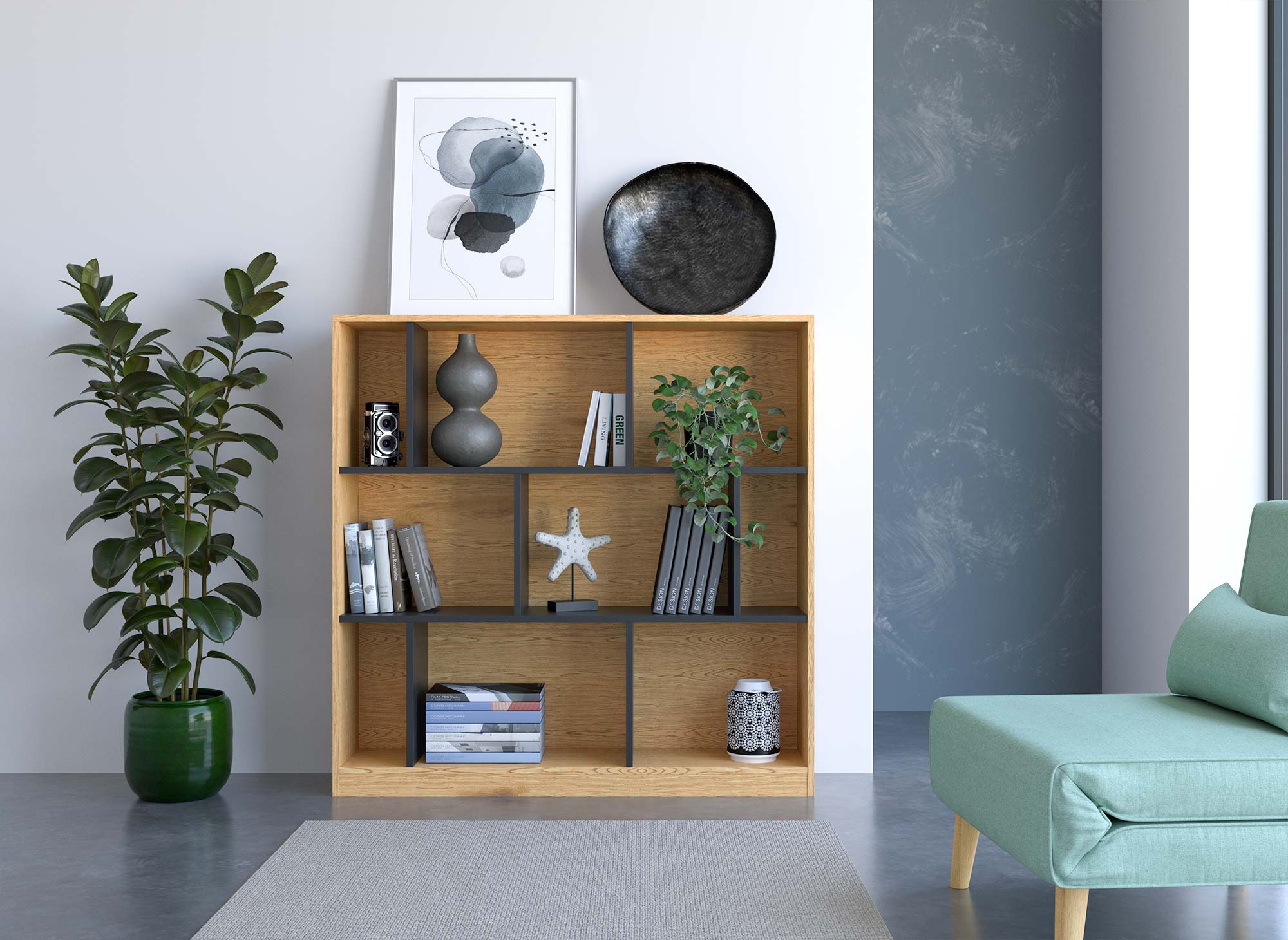 OFELIA Designer-Bücherregal aus Schwarz- und Eichenholz mit 9 Nischen