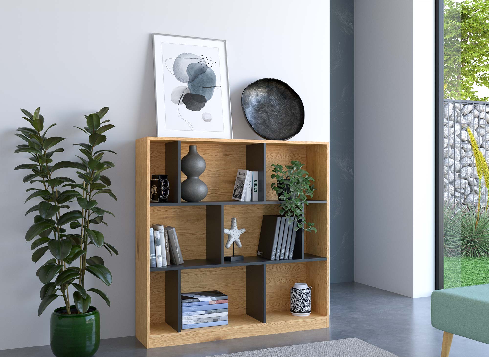 OFELIA Designer-Bücherregal aus Schwarz- und Eichenholz mit 9 Nischen