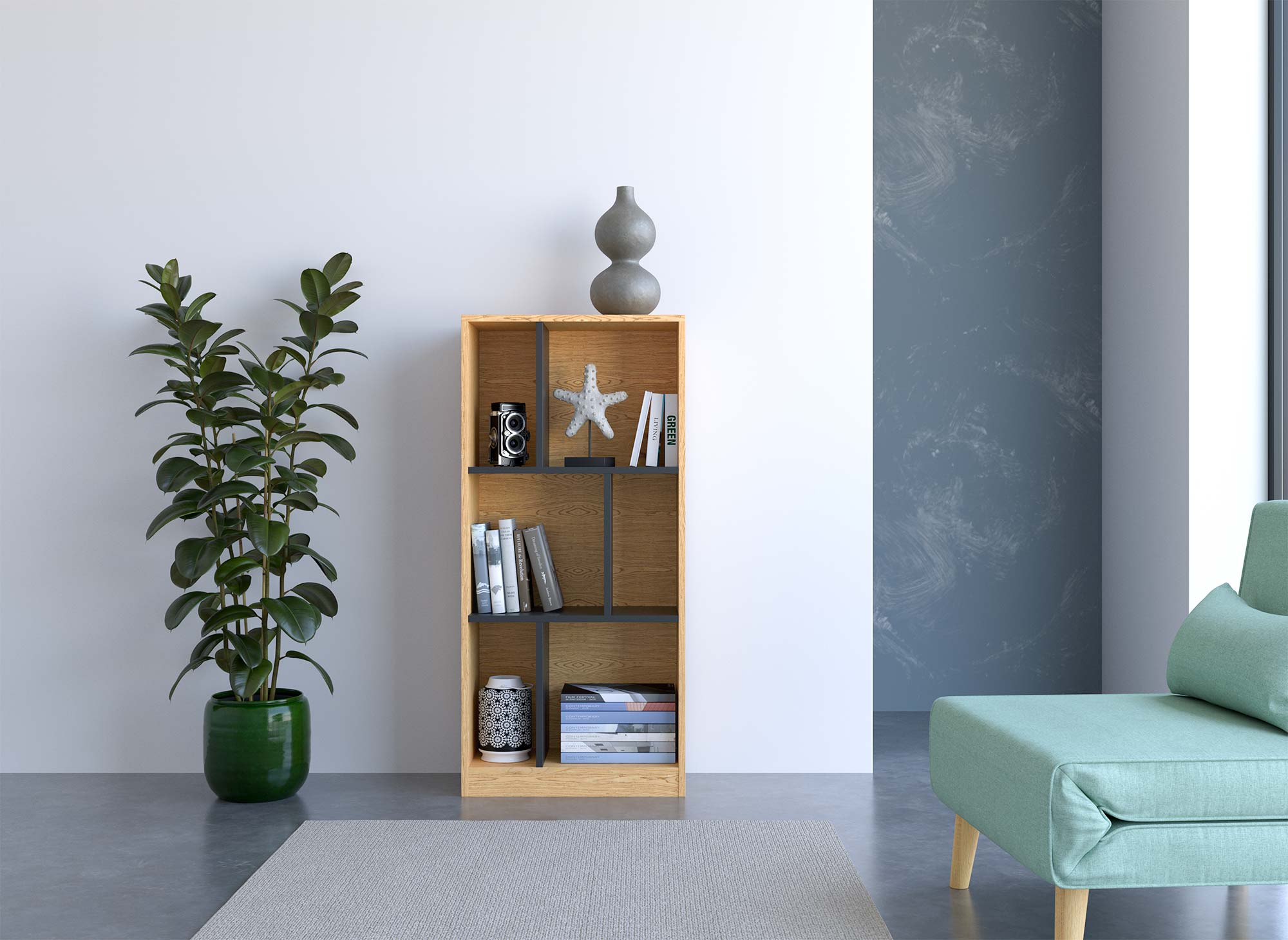 OFELIA Designer-Bücherregal aus Schwarz- und Eichenholz mit 6 Nischen