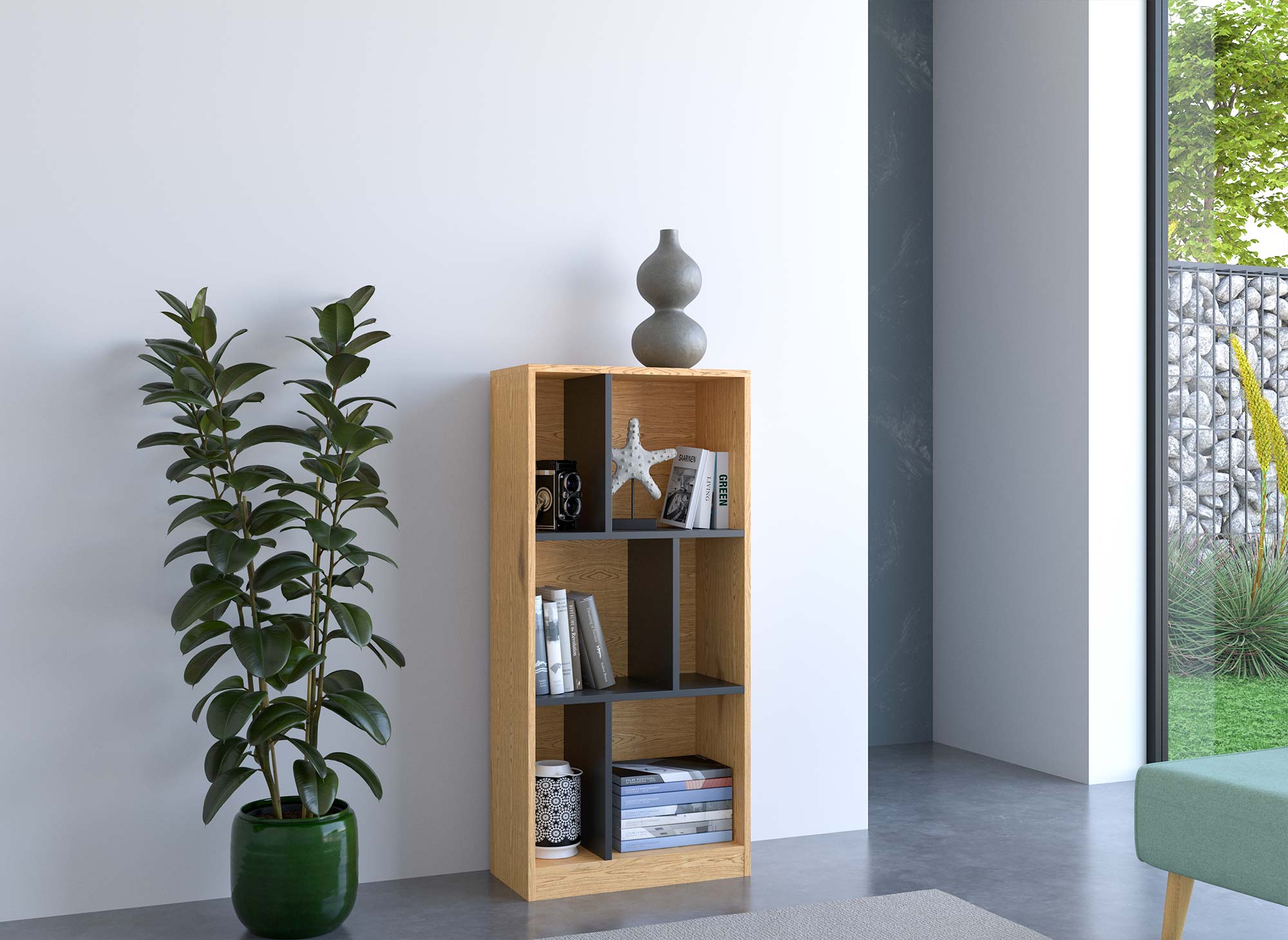 OFELIA Designer-Bücherregal aus Schwarz- und Eichenholz mit 6 Nischen